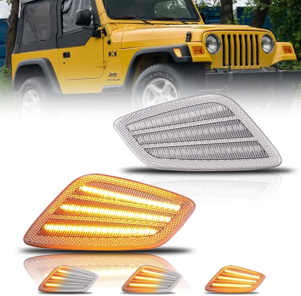 Sequential Front Fender LED Side Marker Lights for 1997-2006 Jeep Wrangler TJ, TJ Clear Lens Side Bumper Marker Lamps, [Ultra-Bright] Amber LED Side Markers Turn Signal Lights, 2 PCS
