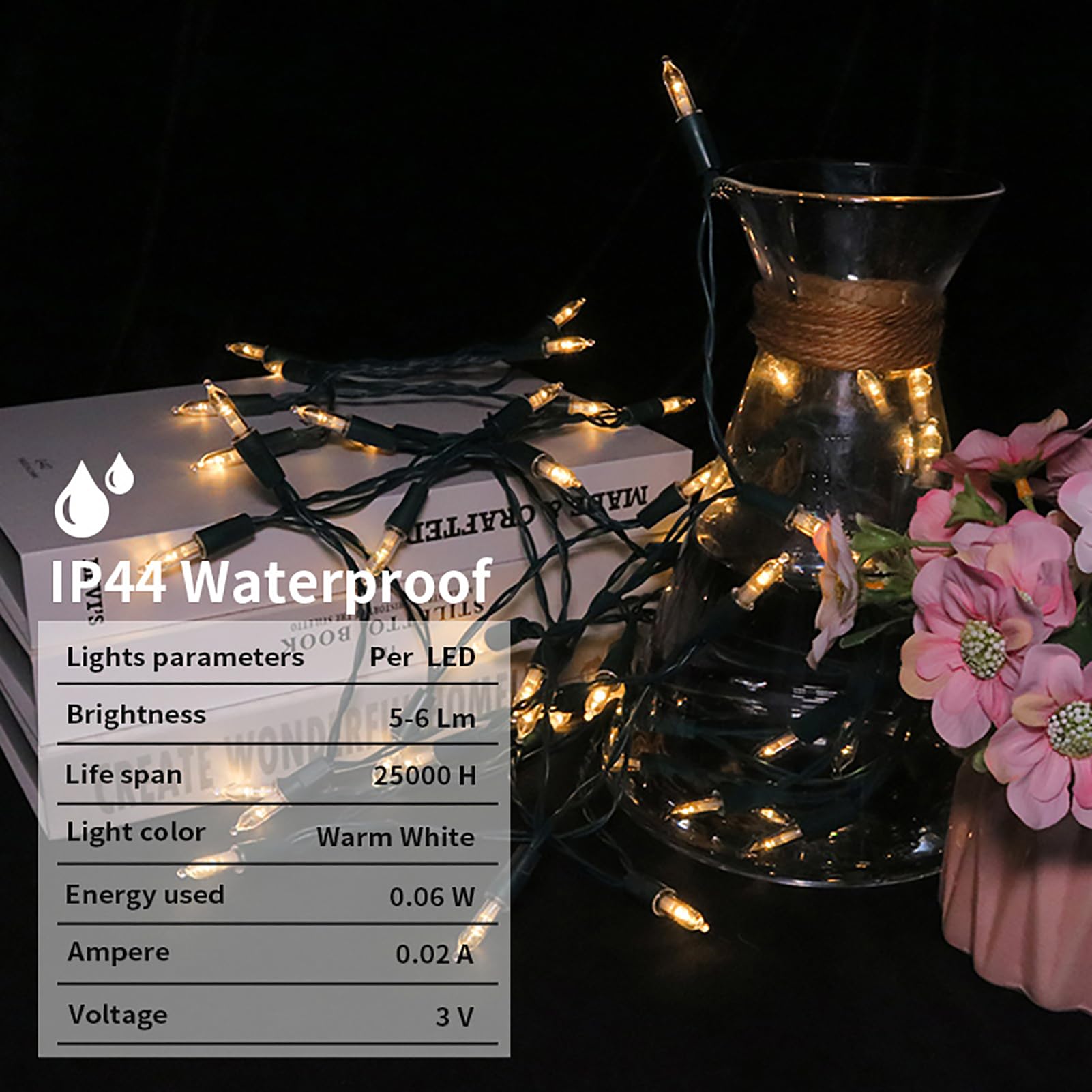 Luci natalizie confezione da 2 pezzi, 50 luci LED a batteria, 9 funzioni, bianco caldo, mini luci impermeabili per albero di Natale, ghirlande per interni ed esterni, decorazioni natalizie