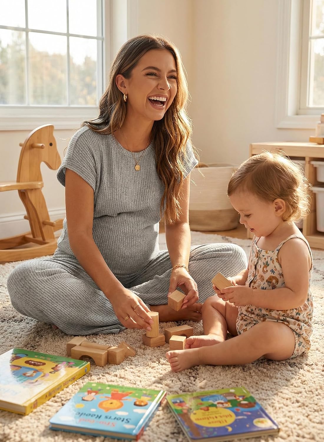 BLENCOT Maternity Clothes Ribbed Short Sleeve Maternity Pajamas Sets Sleepwear Lounge 2 Piece Matching Outfits Set - Image 5