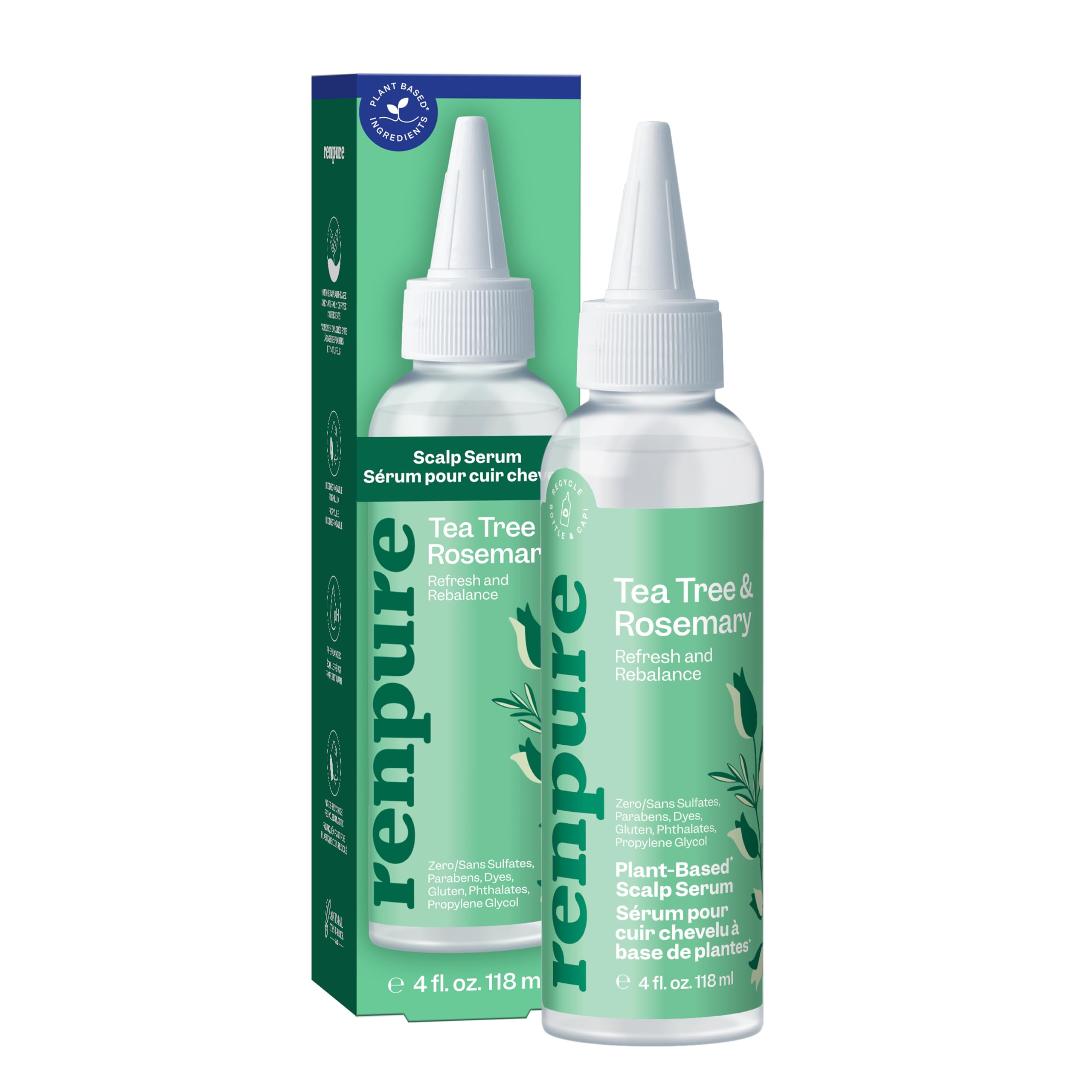 Renpure Tea Tree & Rosemary Scalp Serum, Plant-Based - Refreshing & Rebalancing - For Moisturized, Soft Hair - For Oily/Normal Hair- Tea Tree Leaf Oil, Rosemary Leaf Extract - 4 Fl Oz