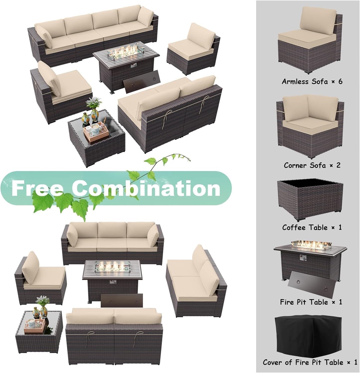 Patio Furniture Set Outdoor Furniture, 10-Piece Outdoor Wicker PE Rattan Sectional Sofa Patio Conversation Set
