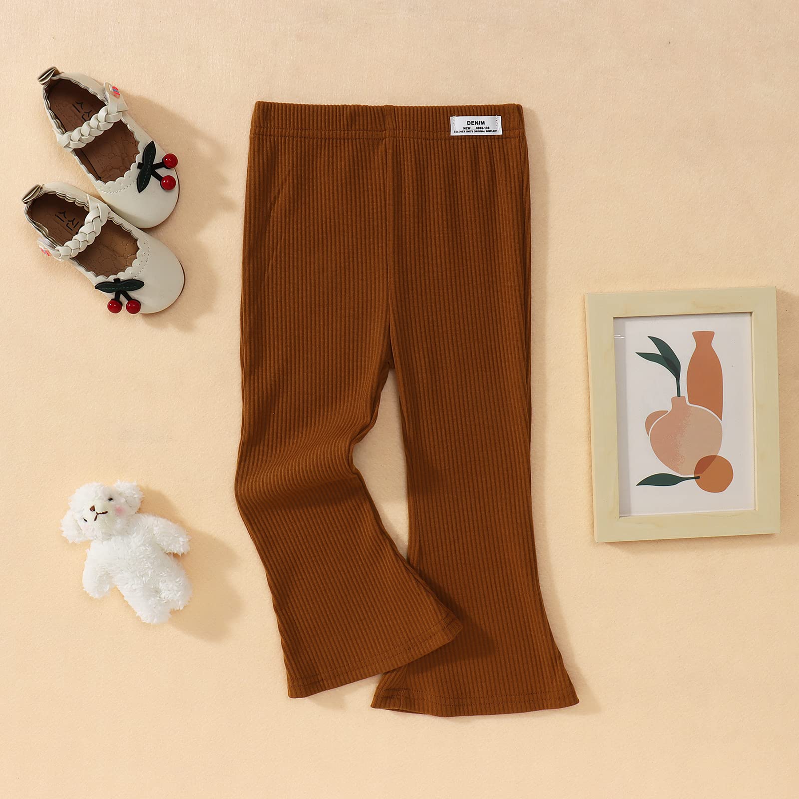 IZYJOY Pantalones acampanados de punto acanalado para niñas y bebés, color sólido, pantalones acampanados, cintura elástica, con volantes, ropa de otoño