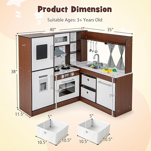 Miniatura 7 de INFANS Juego de cocina para niños de esquina, juego de juguetes de cocina de madera con luz de circulación de agua corriente, estufa de sonido,
