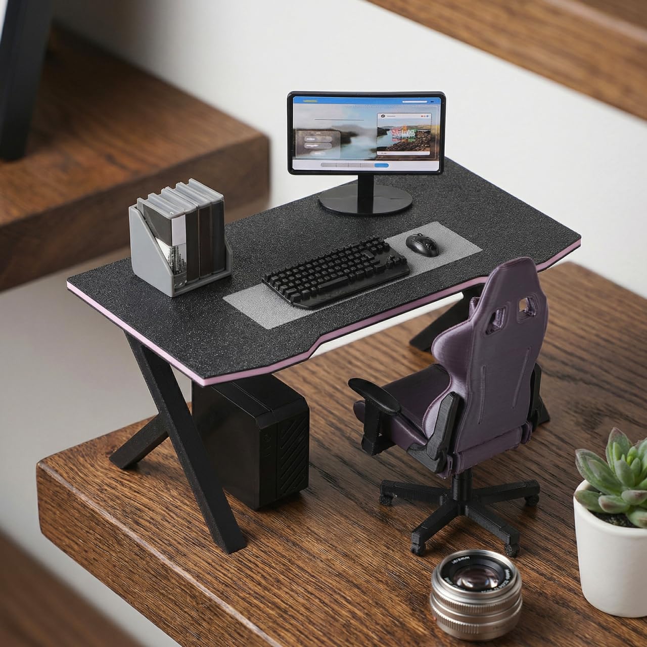 Warmhm 1 Set Miniature Gaming Desk And Chair 1:12 Scale Miniature Computer Table Accessories for 1/12 Tiny House Scenes Modern Black Office Furniture Kit for Desktop Decoration DIY Craft Small - Image 3
