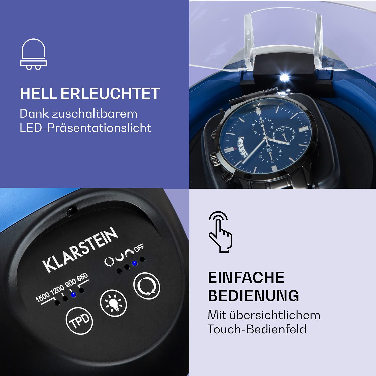 Klarstein St. Gallen ll Uhrenbeweger, Links- / Rechts- oder bidirektionaler Lauf, 4 Programme: 650/900 / 1200/1500 TPD, zuschaltbare LED-Beleuchtung, Touch-Bedienfeld