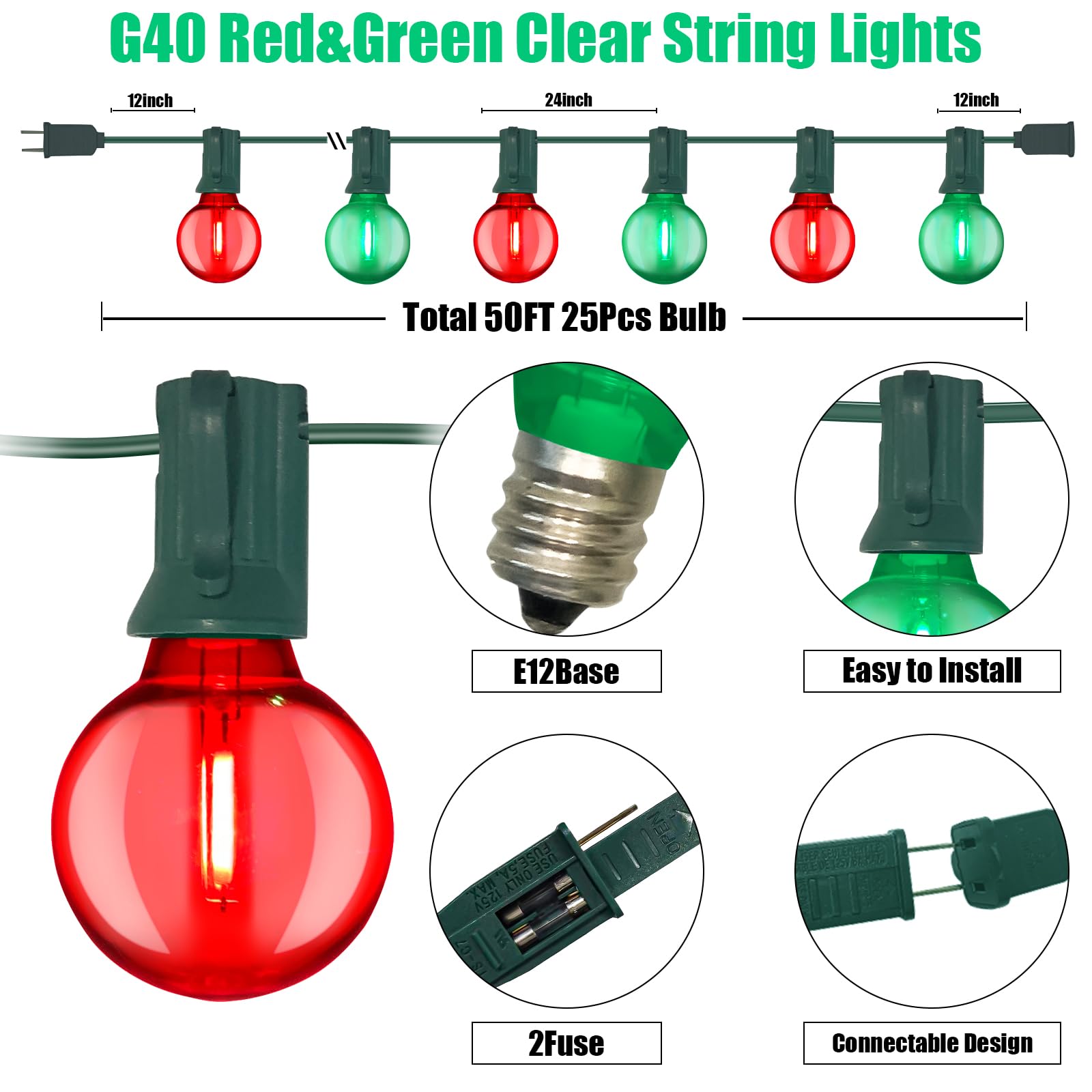 Abeja 50FT Multicolor Christmas Lights Outdoor, 50Ft Outdoor Red/Green Christmas Lights with 25 LED Colorful Bulbs(2 Spare), Outside Christmas Hanging Lights for Christmas Tree Roofline Holiday Party