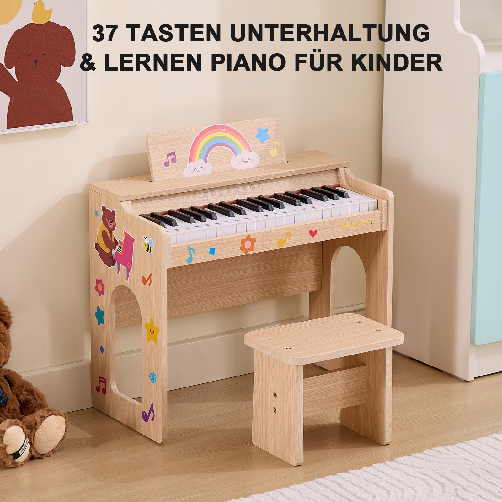 MUSTAR Piano pour Enfants, Piano numérique à 37 Touches pour Enfants, avec Banc de Piano, recueil de chansons, Autocollants et Housse de Protection, Filles et garçons, Chêne