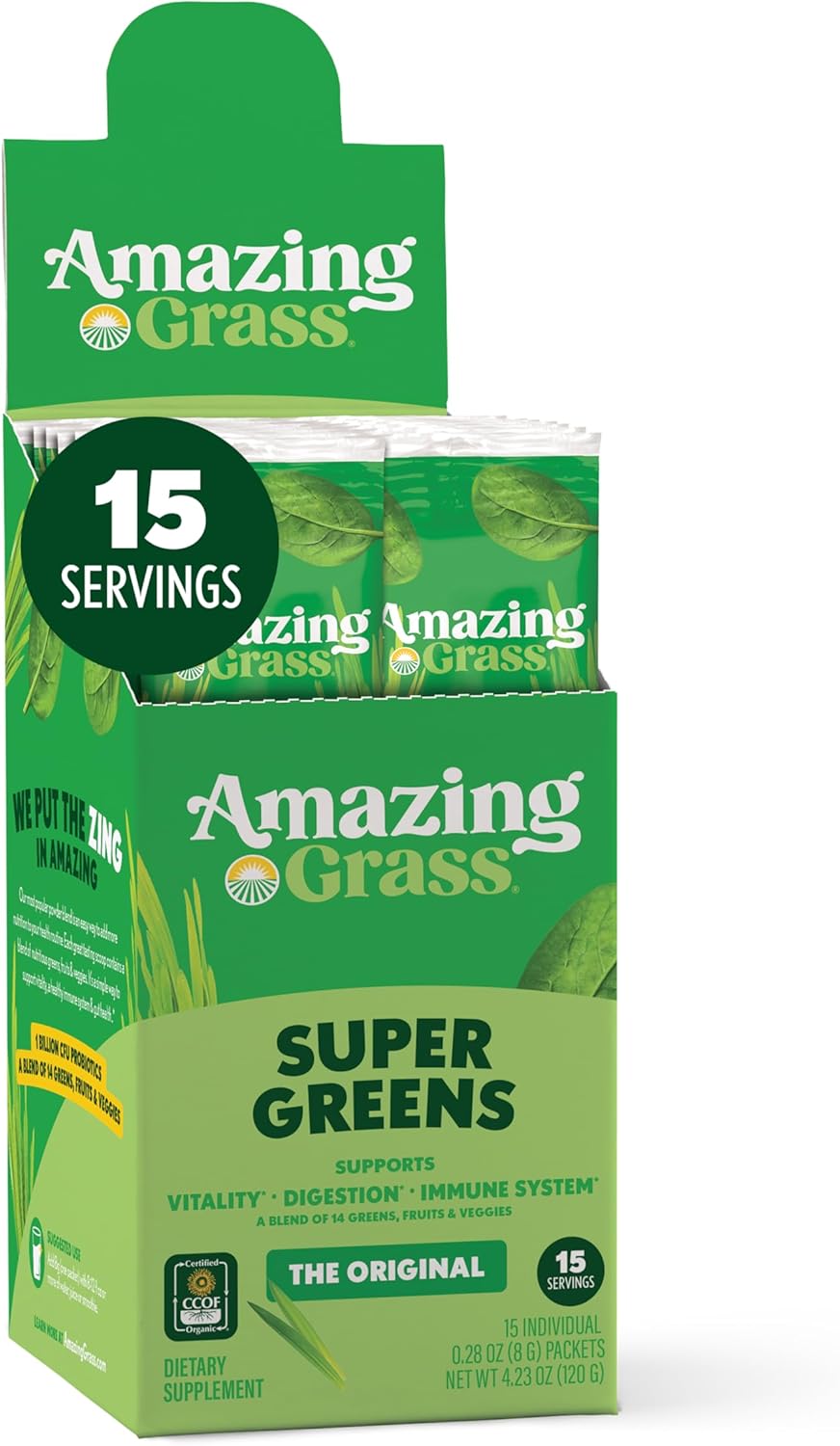 Amazing Grass Greens Blend Superfood: Super Greens Powder Smoothie Mix with Spirulina, Chlorella, Beet Root Powder, Digestive Enzymes, Prebiotics & Probiotics, Original, 15 Servings (Packaging May Vary)