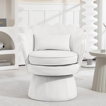 ZJhome 360 Swivel Accent Chair, Mid-Century Modern Velvet Barrel Chair, Comfy Shell Shape Arm Chair with Lumbar Pillow for Living Room, Bedroom, Office, White