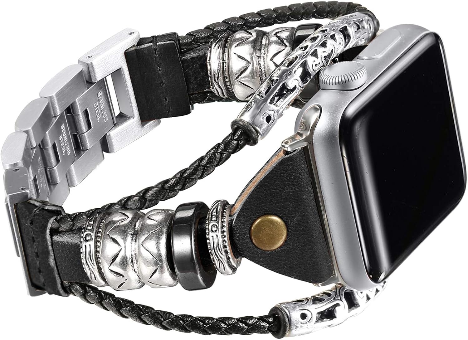 Secbolt Leather Bands Compatible With Apple Watch 38mm 40mm 41mm 42mm 44mm 45mm Series 7/6/5/4/3/2/1/SE, Double Twist Handmade Vintage Natural Leather Bracelet Women