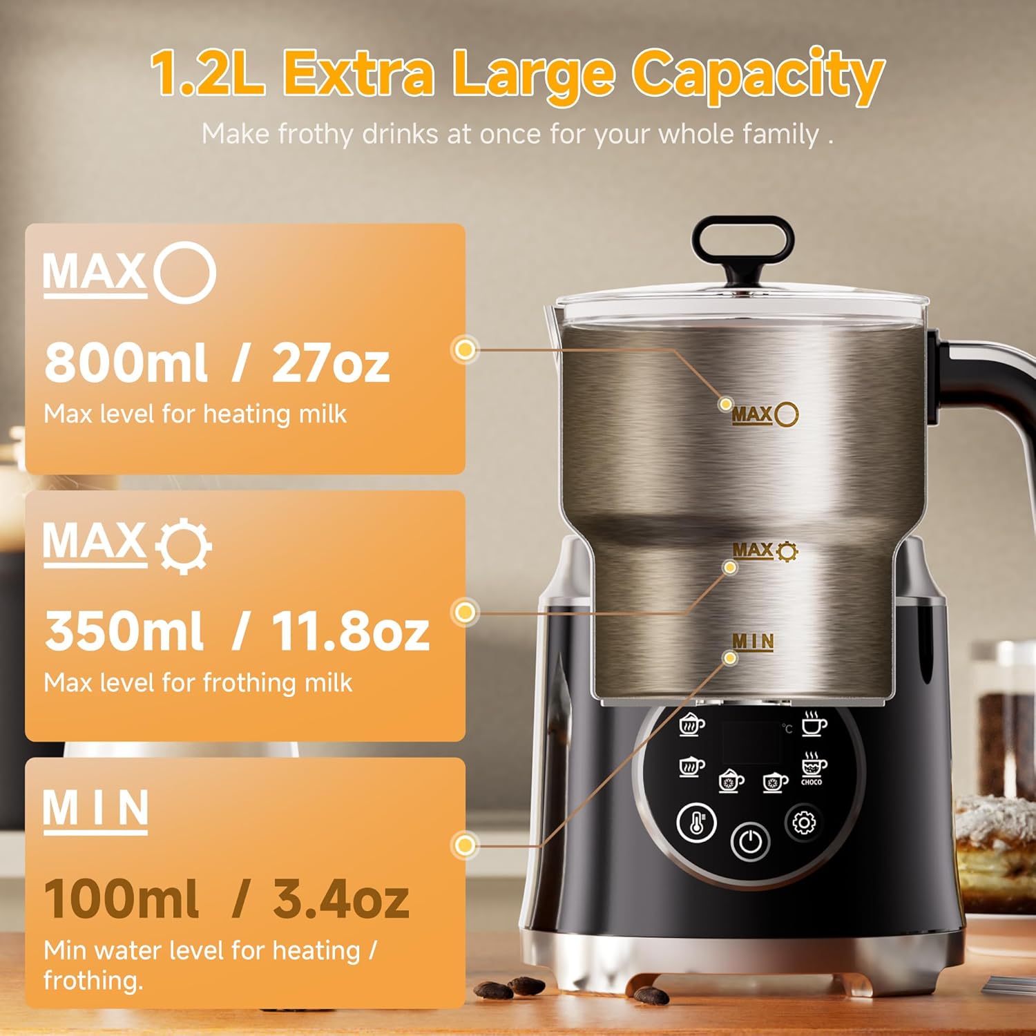 Milk Frother and Steamer, Large Capacity Detachable Electric Milk Frother, Automatic Warm and Cold Foam Maker, Hot Chocolate Maker, BPA Free