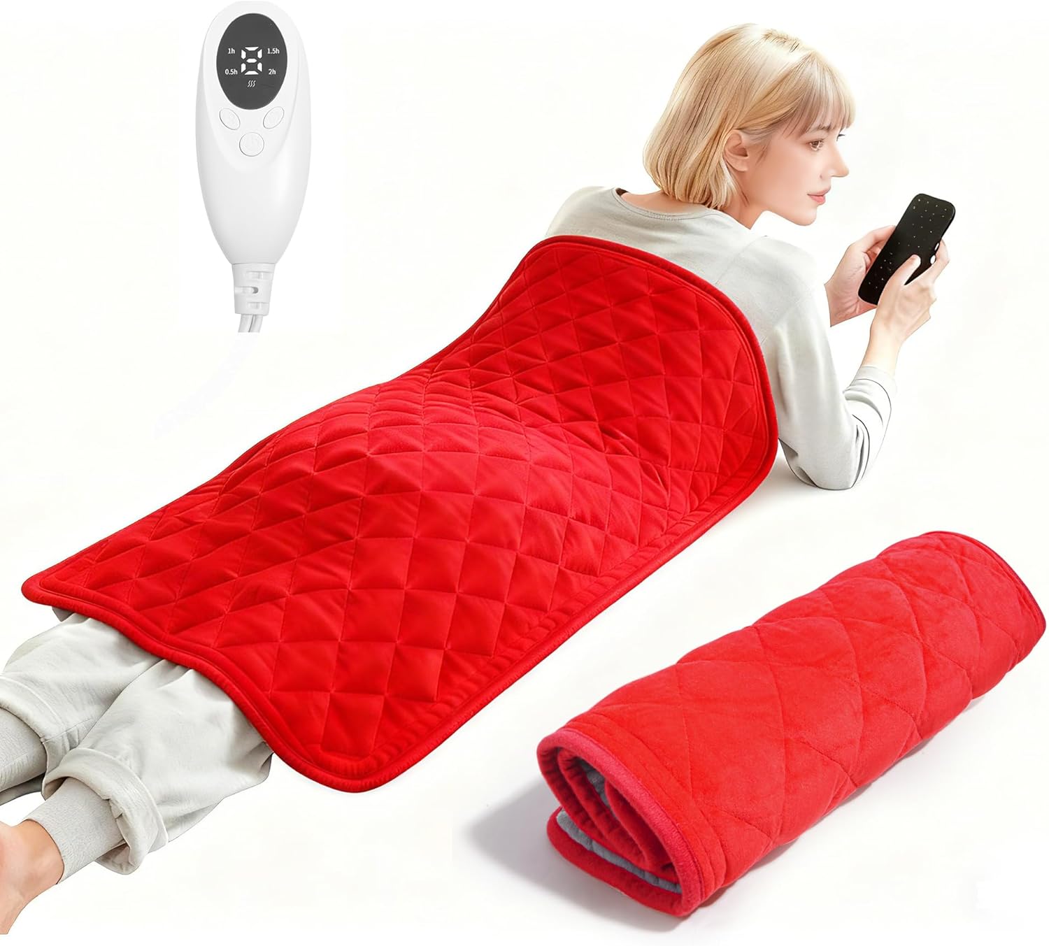 Weighted Heating Pad for Deeper Pain Relief, 4.5lbs XXXL 17x33 Electric Heat Pad with Fast Heat Technology, Heated Blanket for Adults, Relief for Back, Shoulder, Knee, Period Cramps （Red）