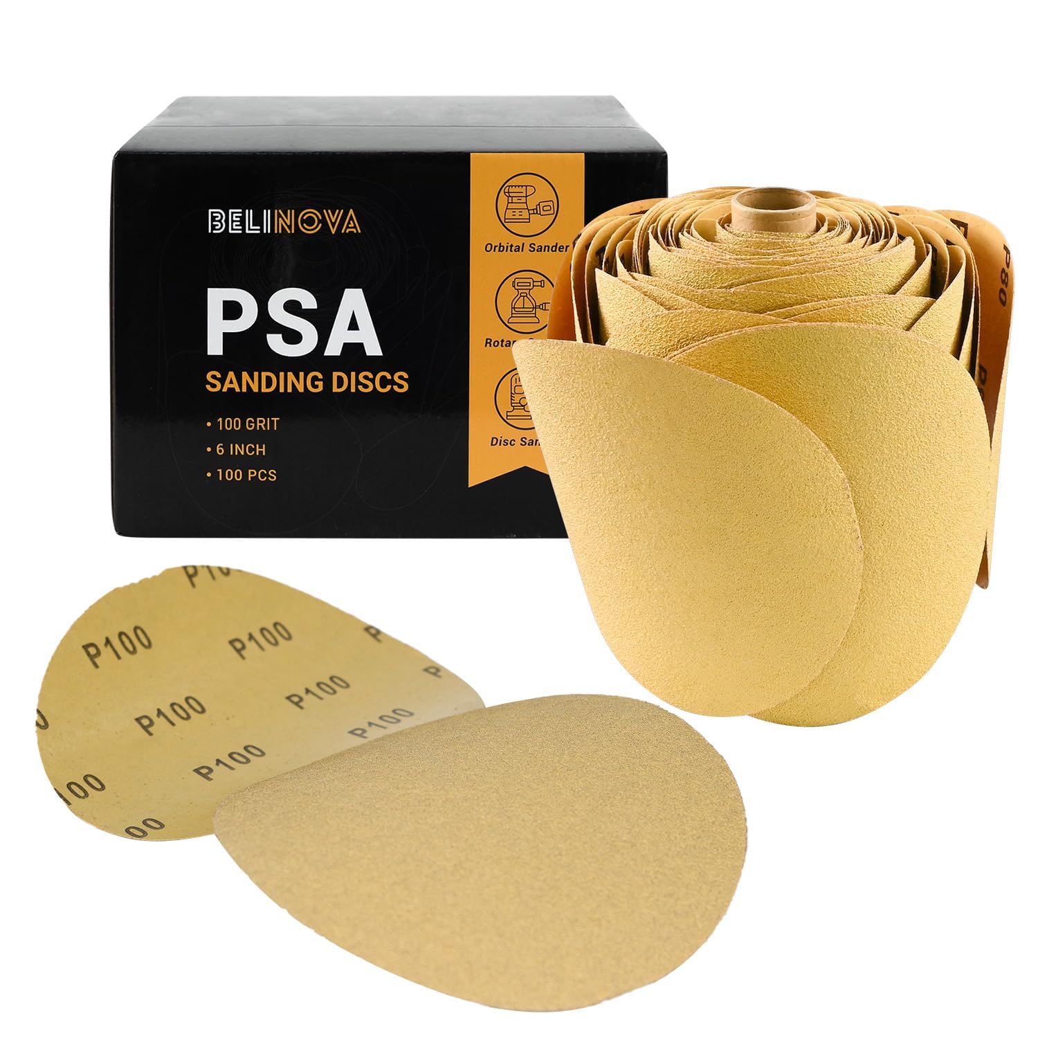 100PCS 6 inch PSA Sanding Discs 100 Grit Self Adhesive Sticky-Back Sandpaper for DA Sander Orbital Sander Aluminum Oxide Sanding Disc Roll for Woodworking Metal Finishing