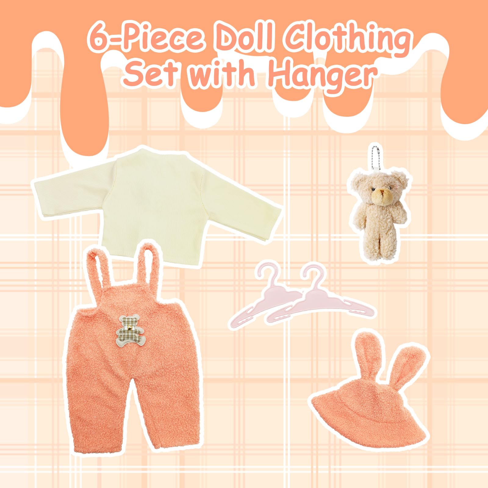 WanderGo Baby Doll clothes for 20-22 inch Dolls, 6-piece Outfit with Top + Pants + Hats + 2 Hangers + Plush Pendant - Image 4