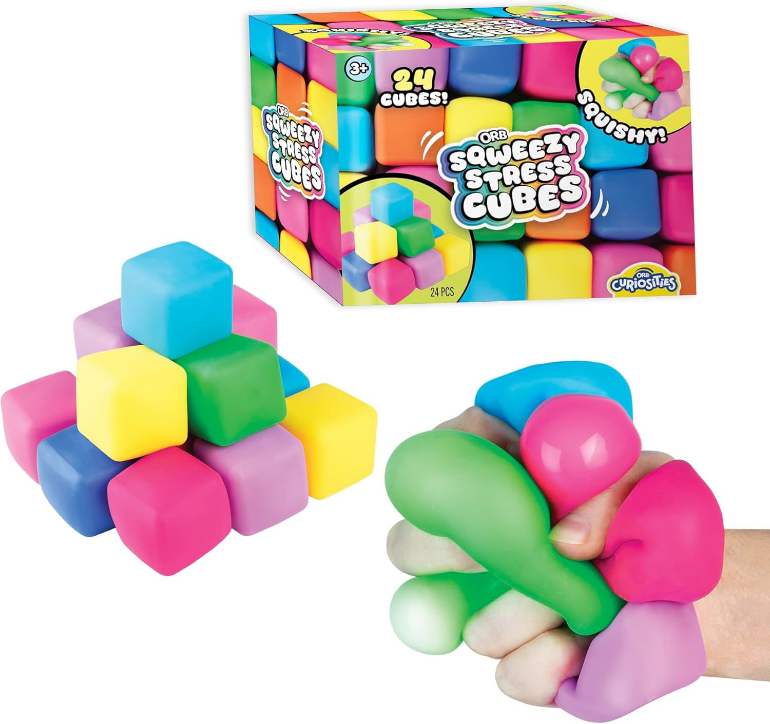 ORB 24 Pack Slow Rising Squishy Stress Cubes – Easy Sqweezy Squishy Cubes – Soft Dough Stress Balls and Fidgets for Anxiety and Stress Relief – Classroom Rewards, Party Favors for Kids, Teens, Adults
