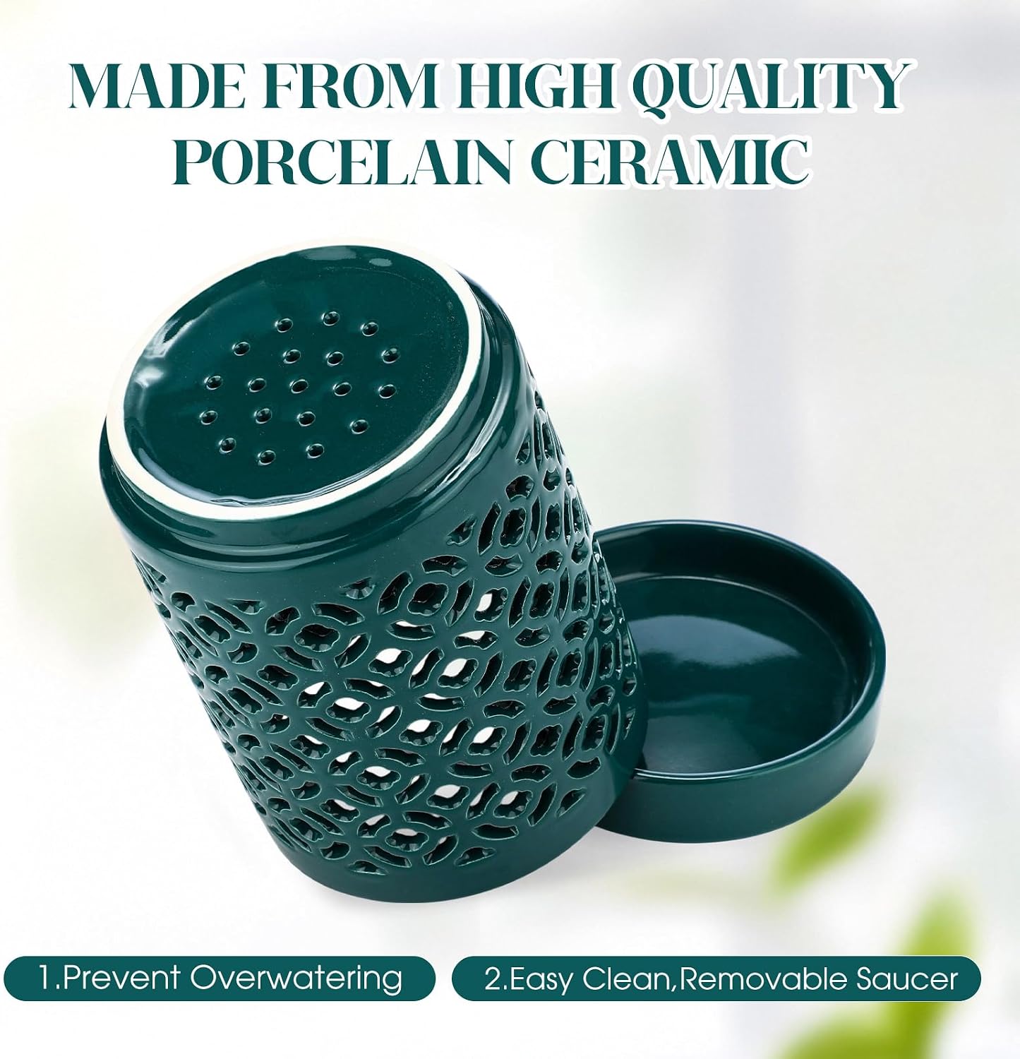 2 Pack 4 Inch Orchid Pots with Holes and Saucers, Ceramic Orchid Pot for Repotting, Flower Planter Pot Indoor Outdoor, Breathable Slotted Orchids Planter Gifts for Moms (Green)