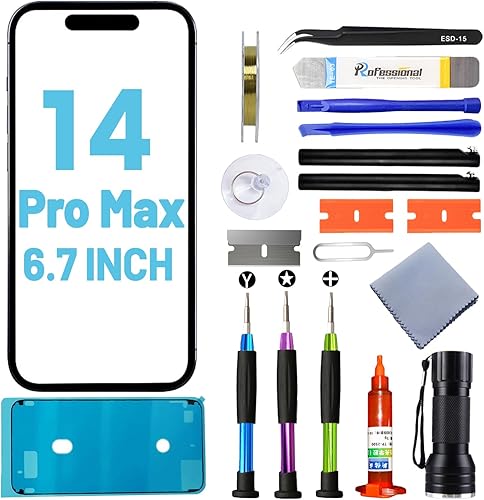 Reemplazo de pantalla para iPhone 14 Pro Max, reemplazo de vidrio para iPhone 14 Pro Max de 6.7 pulgadas, kit de reparación de pantalla con adhesivo