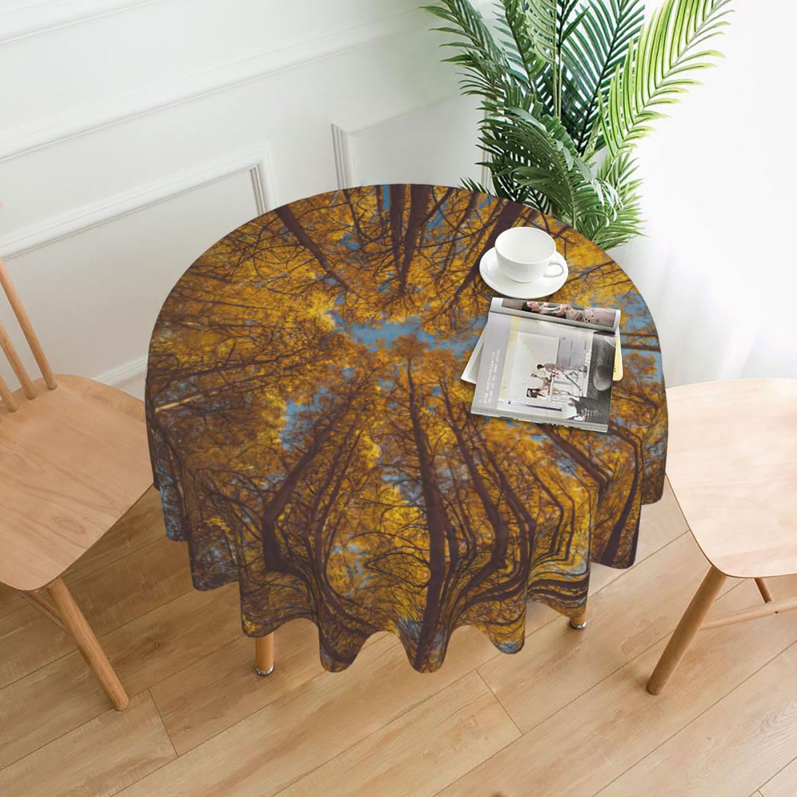 SDEGTHO Yellow Tree Print Modern Retro Round Tablecloth 60in Polyester Fabric Cover for Party Dining Table Washable
