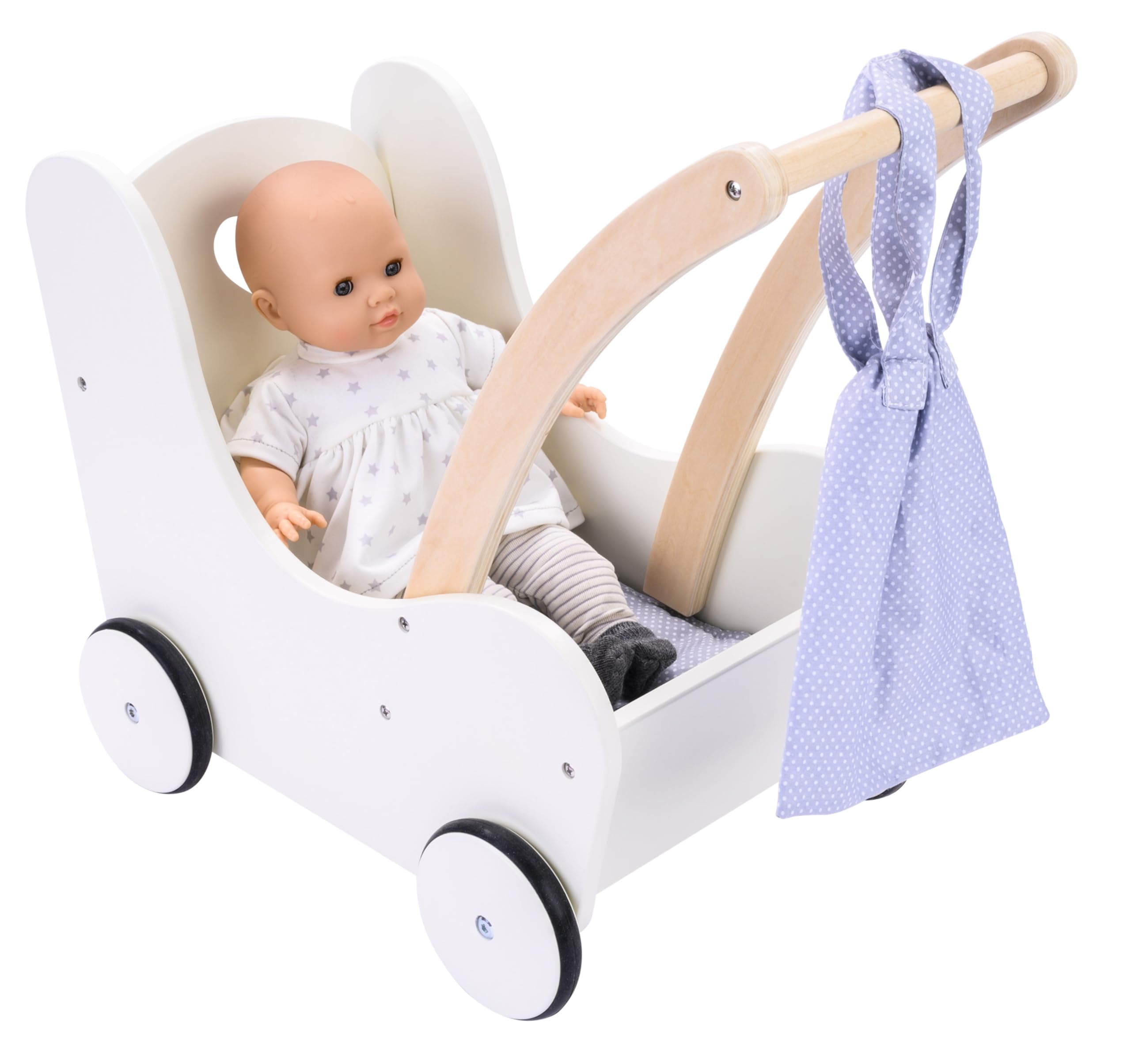 Engelhart – 606014 – Eleganter Puppenwagen aus Holz – Grau und Weiß – Maße: 50 x 28 x 46 cm – Ab 3 Jahre