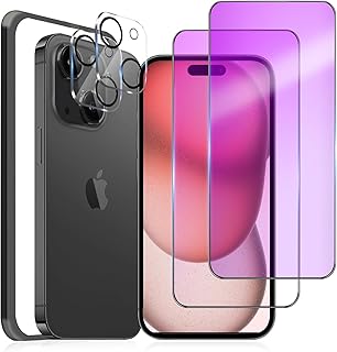 MINIKA 【ブルーライトカット】iphone15 ガラスフィルム ブルーライト［2枚］カメラフィルム［2枚］アイフォン15 強化ガラス 全面保護 画面保護シート 【浮かない/保護傷に強い/ガイド枠付き】