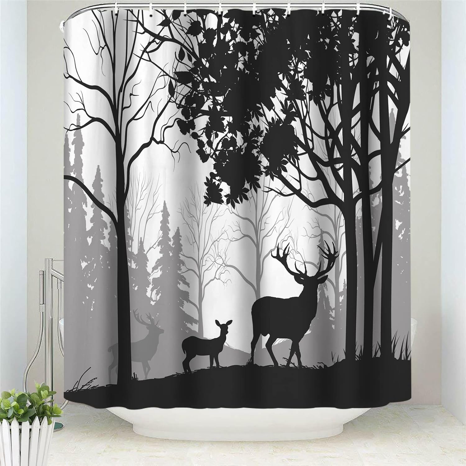 GOOESING Silhouette of Pine Forest Rustic Deer Shower Curtain Forest Elk Pattern Shower Curtain Set with 12 Hooks 60X72IN
