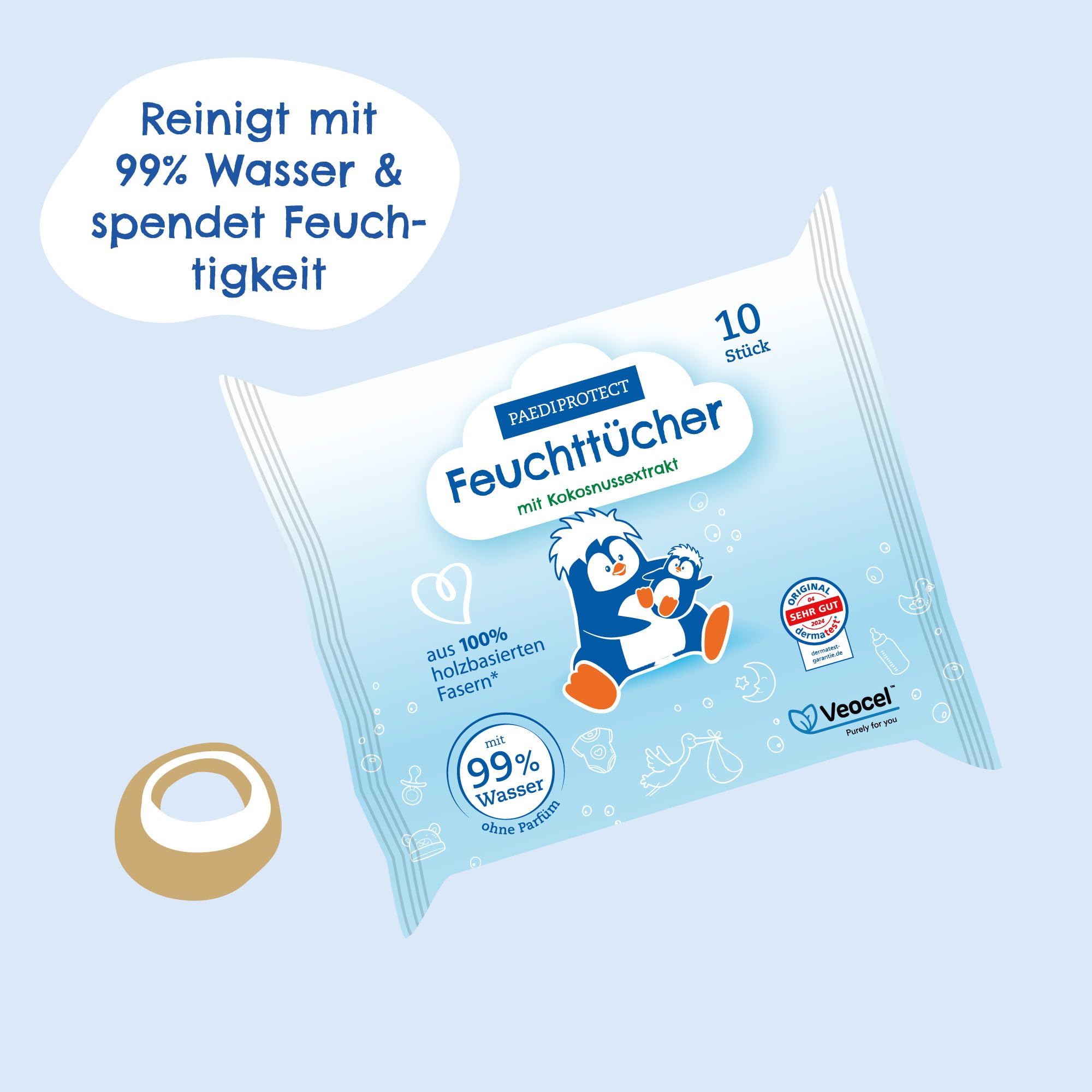 PAEDIPROTECT Feuchttücher 3 x 48 Stück, sensitive Baby Water Wipes mit 99% Wasser ohne Duftstoffe, für zarte Baby- und Kinderhaut, mit Kokosnussextrakt, ohne Mikroplastik, vegan (Packung mit 3)