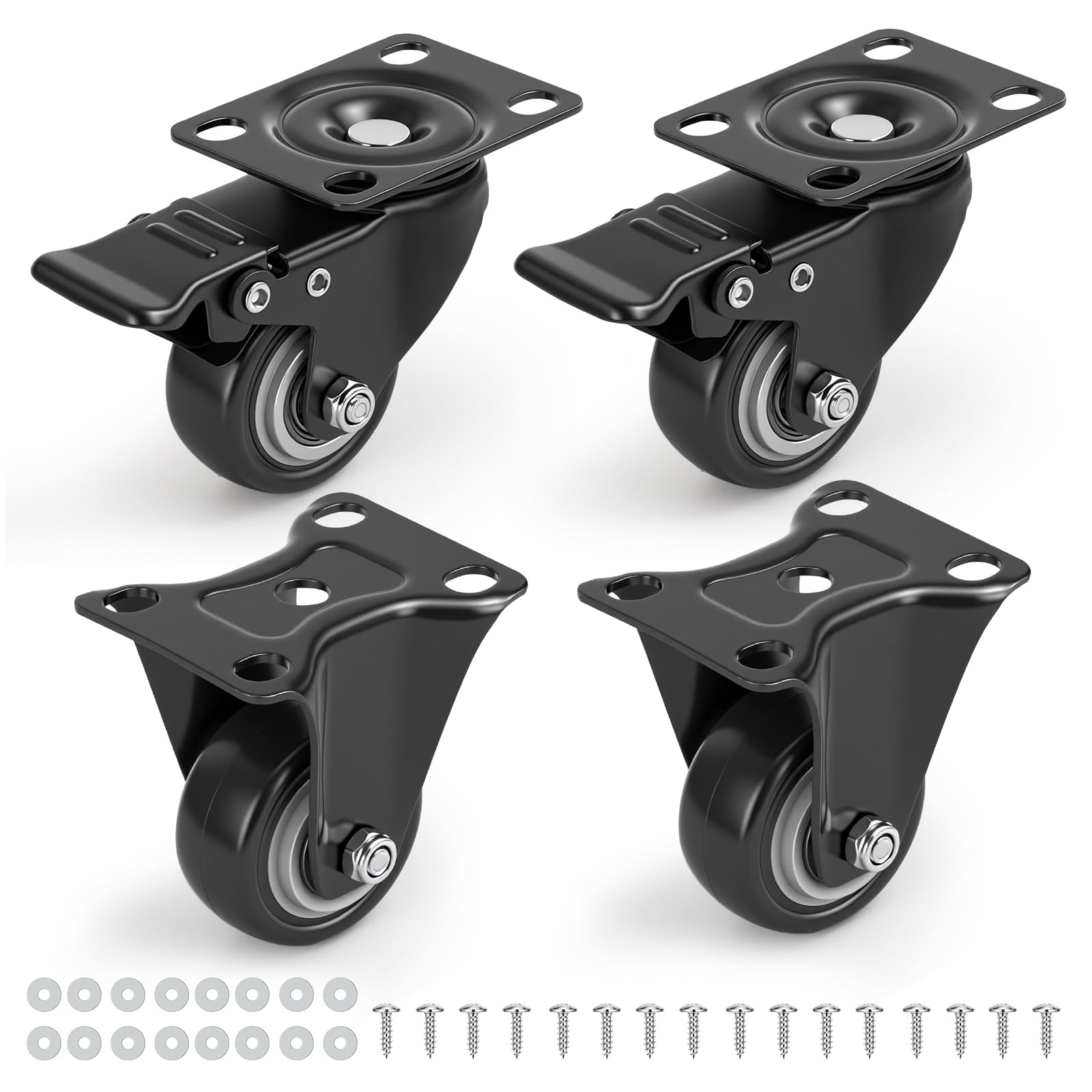 Nfbcxutkw 2 Rigid + 2 Locking Casters 2 Inch Heavy Duty Casters Set Of 4, 2 Rigid + 2 Locking, Black Pu