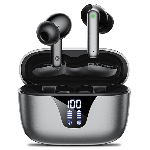 Wireless Earbuds Bluetooth Headphones, 50H Playtime Ear Buds with Mic, LED Digital Display Charging Case, IPX7 Waterproof, Deep Bass Stereo, in-Ear Earphone for iPhone Andriod Phone - Steel