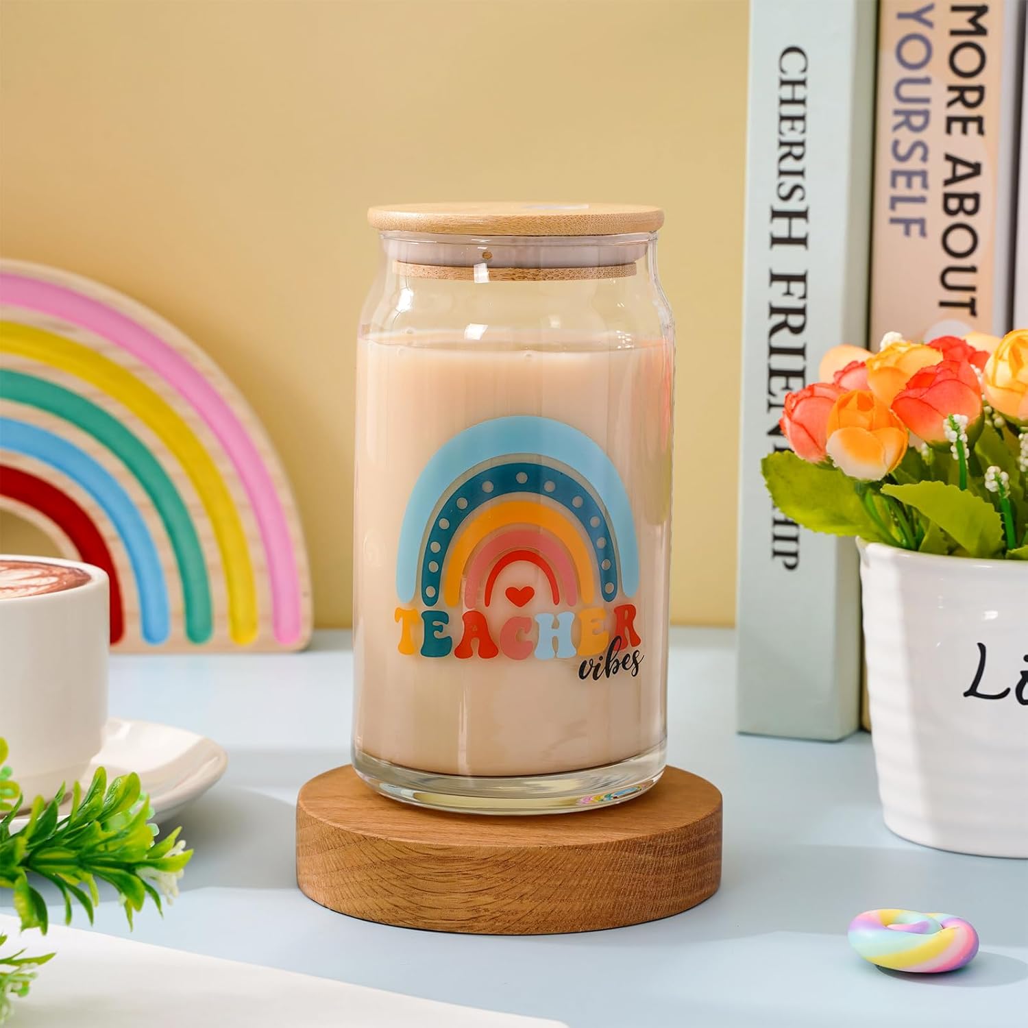 Whaline 6 Pack Teacher Drinking Glasses Boho Rainbow Flower Ice Coffee Cup Colorful Beer Glass Can for Cocktail Whiskey Beer Soda, Gifts for Teacher, 16 Oz
