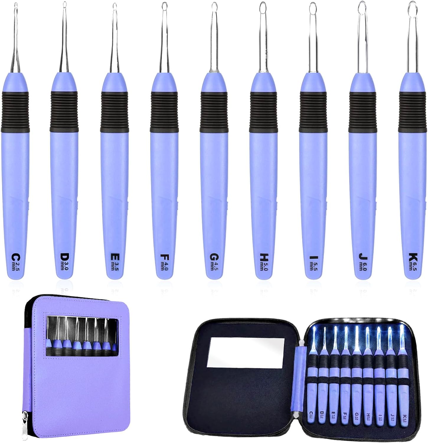 Chuangdi 9 Pieces Lighted Crochet Hooks with Case 9 Size LED Light Crochet Hooks Set Knitting Needles Craft Yarn Weaving Needles Comfortable Smooth Handle for Knitting, 2.5 mm-6.5 mm(Purple)