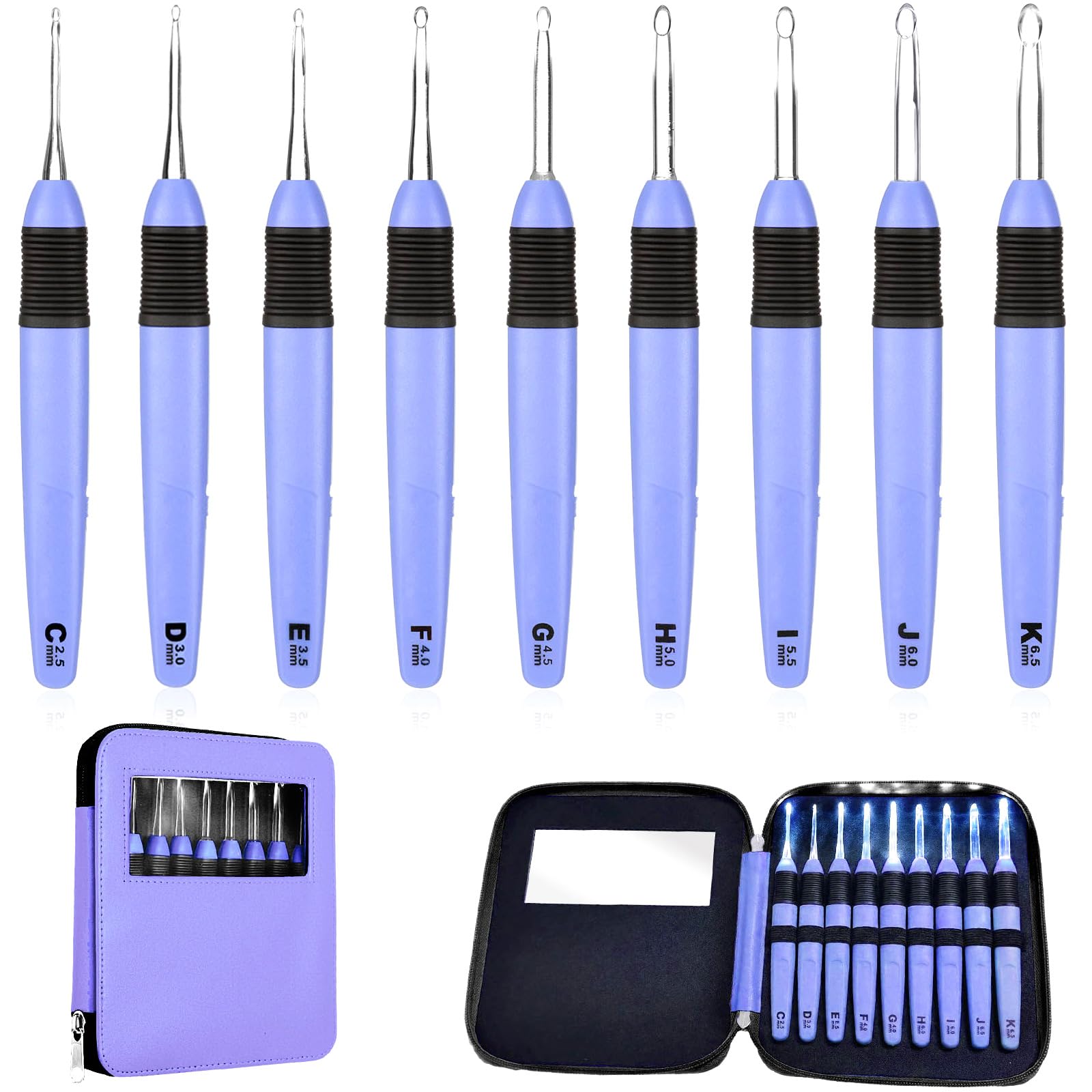 Chuangdi Juego de 9 agujas de ganchillo iluminadas con funda, luz LED, agujas de tejer para manualidades, agujas de tejer de hilo cómodo, mango suave para tejer, 2,5 mm-6,5 mm (morado)