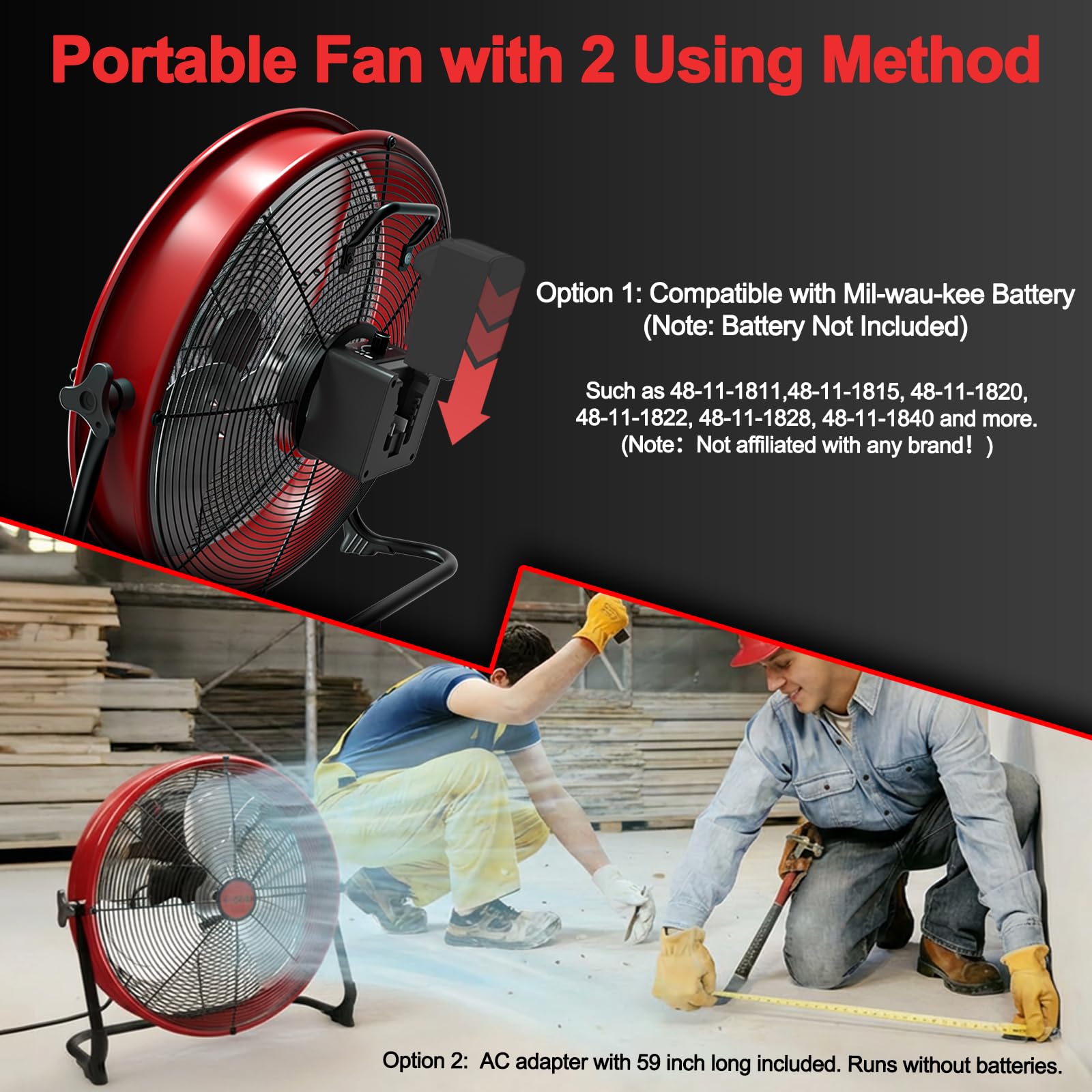 Ventilateur de Sol 40CM compatible avec Batterie Mil-wau-kee/AC-Adaptateur | Réglage Continu des Vitesses | Inclinaison Réglable | Silencieux | Ventilateur Portable pour Camping Garages(Sans Batterie)