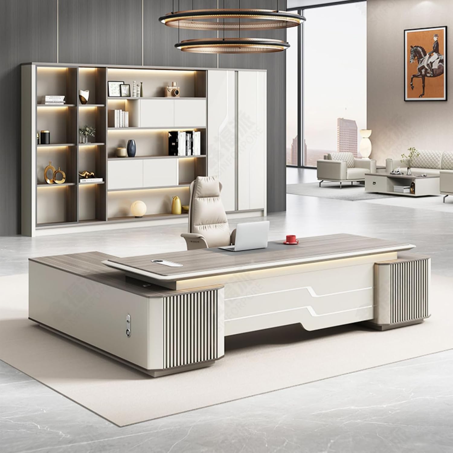 L-Shaped Grey Computer Desk, Executive Office Desk with Lateral Cabinet Study Writing Table Business Furniture Set for Home Office