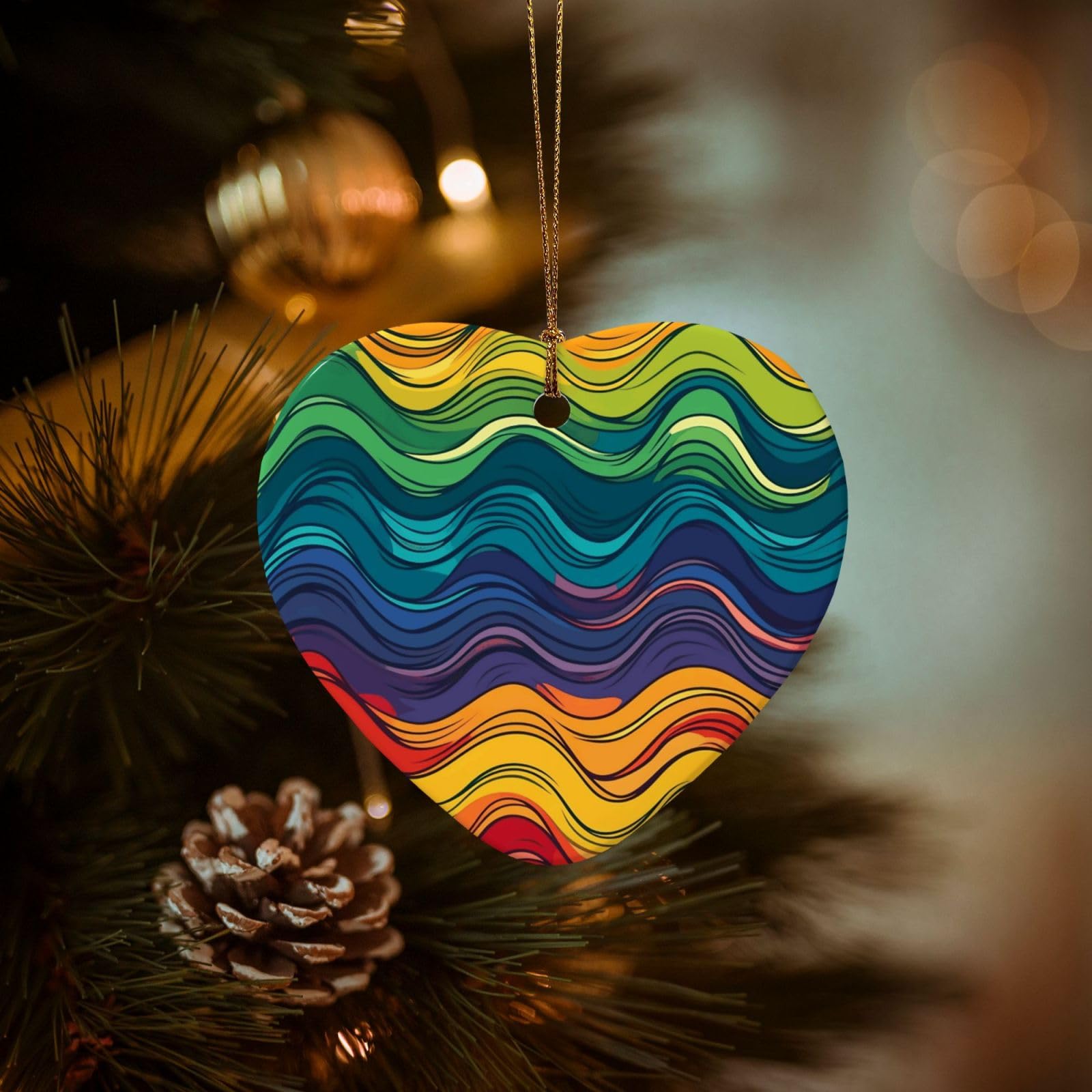 Christmas Tree Ornaments Ceramics Christmas Decorations Colorful Wave Pattern Ornaments with Gold Ribbon Porcelain Xmas Tree Crafts Heart Shape Hanging Pendant for Christmas Tree Party Decor