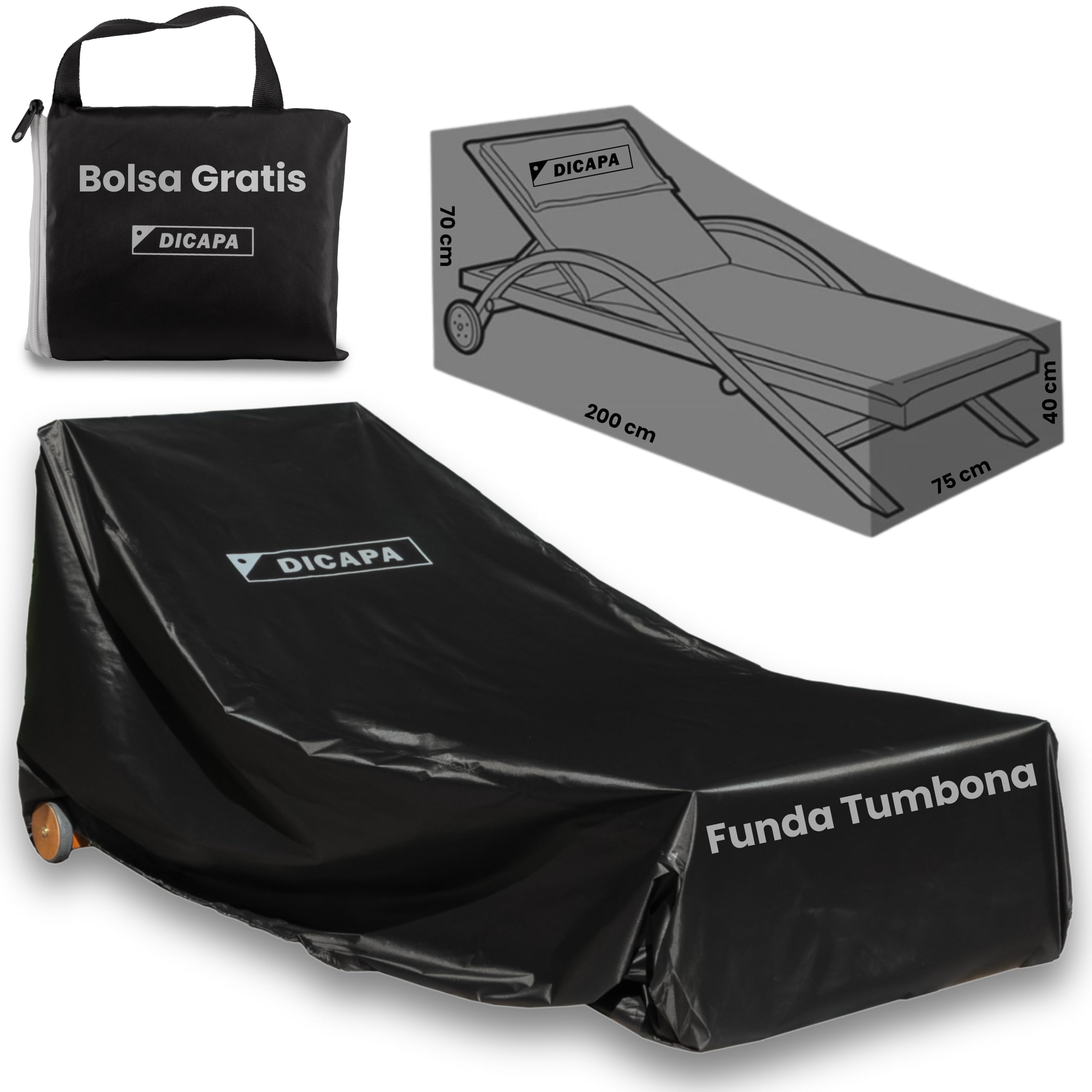 DICAPA Funda Tumbona Jardin (200x75x70cm) Funda Tumbona Exterior Impermeable, Fundas para Tumbonas (Negro) Funda Hamaca Jardin