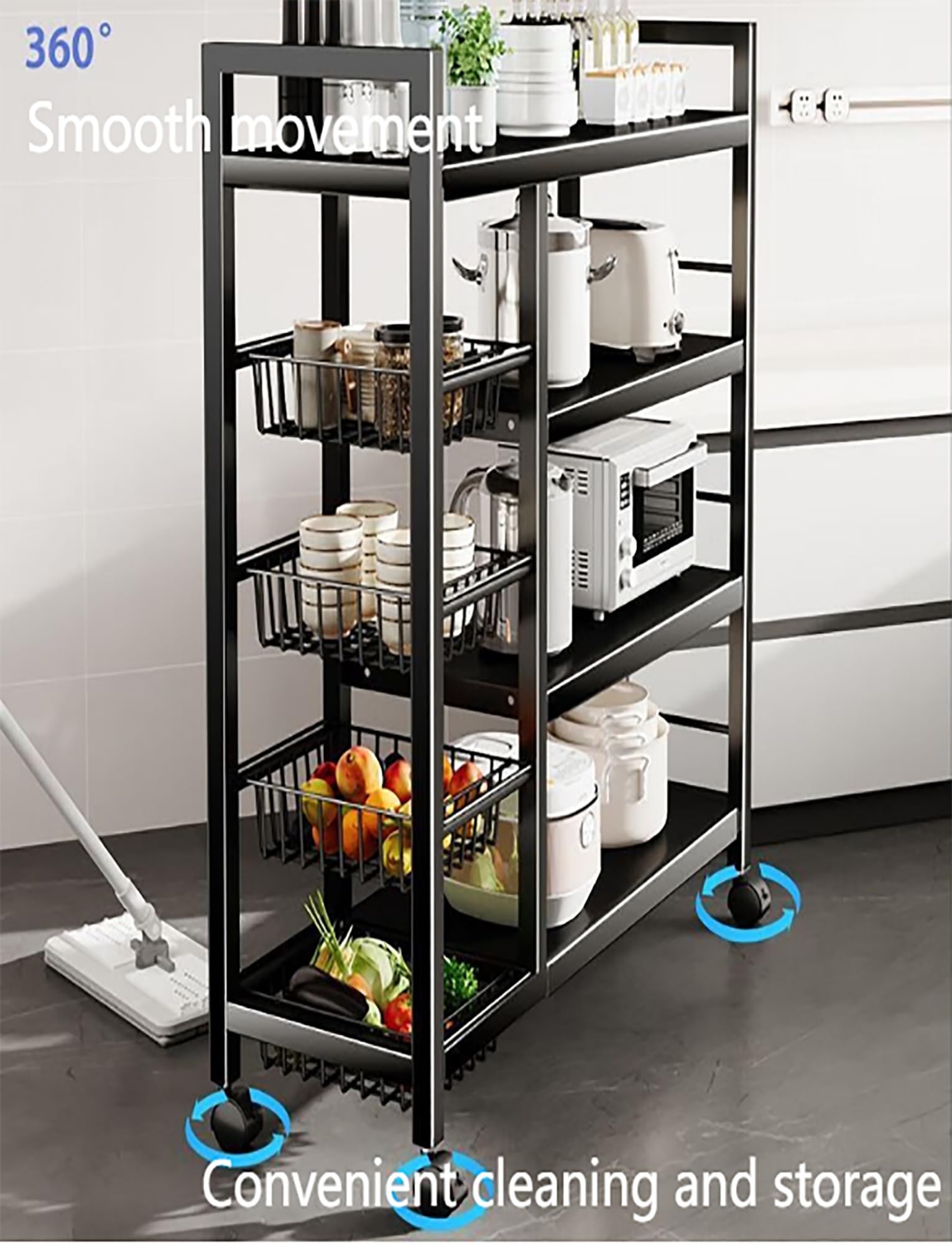 Carrito rodante de metal de 4 niveles con cestas de malla de acero, organizador multiusos para cocina, garaje y despensa, solución de almacenamiento duradera con ruedas
