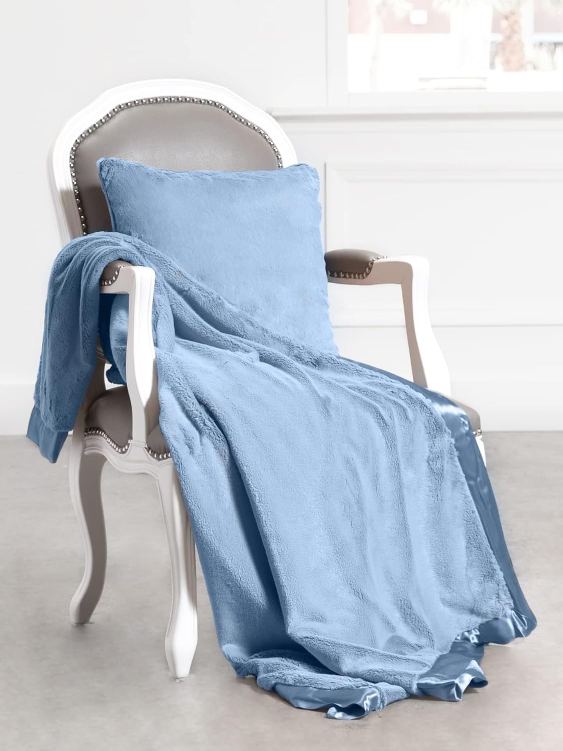 Little Giraffe Luxe Throw Blanket - at Home Soft Faux Fur Blanket with Satin Trim for Couch - 45" x 59" - Cornflower