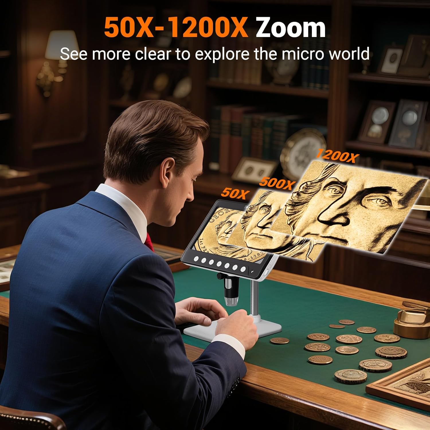 Coin Microscope for Error, 7'' LCD Magnifying Glass with Light, 1200X & 1080P Soldering Microscope, 32GB Coin Magnifier with 8 Adjustable LED Lights, Cool Gadgets Microscopes for Coins, Jewelry