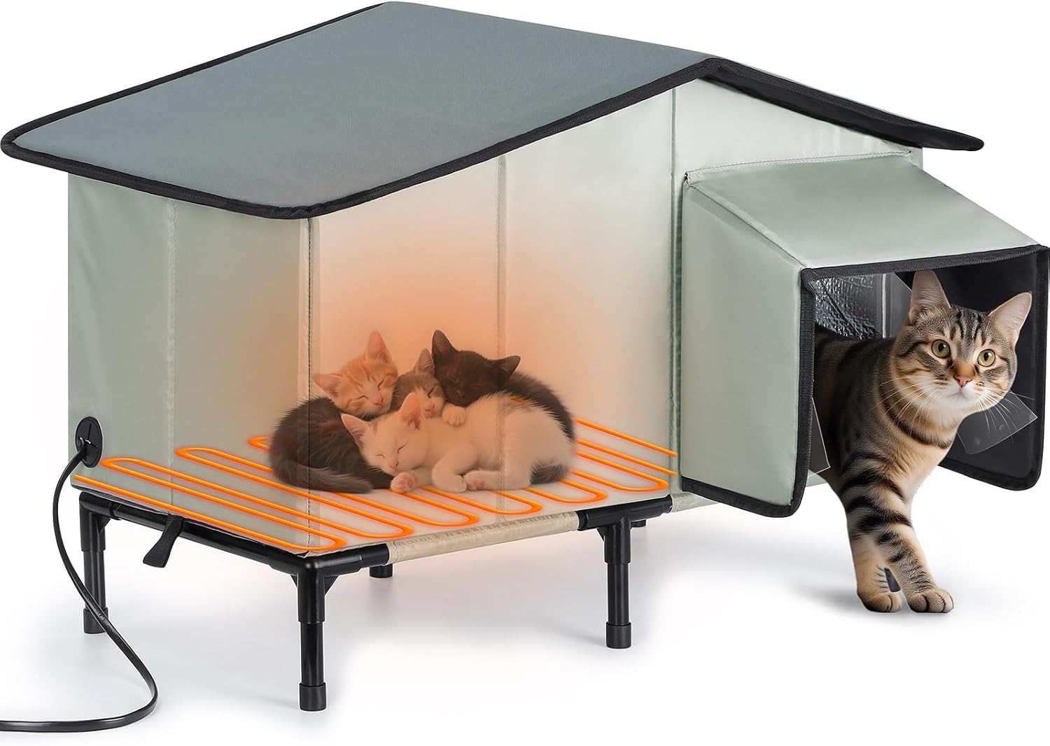 Heated Cat House Outdoor Cat House Insulated Large Elevated Weatherproof Feral Cat Shelter with Heated Pad, All-Round Insulated Cotton and Aluminum Foil Cat Shelter for Winter