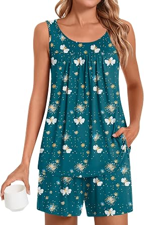 POPYOUNG Pajama Set for Women Summer Sleeveless Tank Tops Pjs Sets 2 Piece Lounge Set Comfy Shorts Sleepwear with Pockets