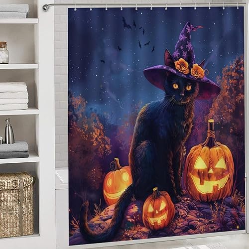 Miniatura 5 de Juego de 4 cortinas de ducha divertidas con diseño de gato, calabaza, luna, con alfombras, tapa de inodoro y tapete de baño, farol de Halloween,