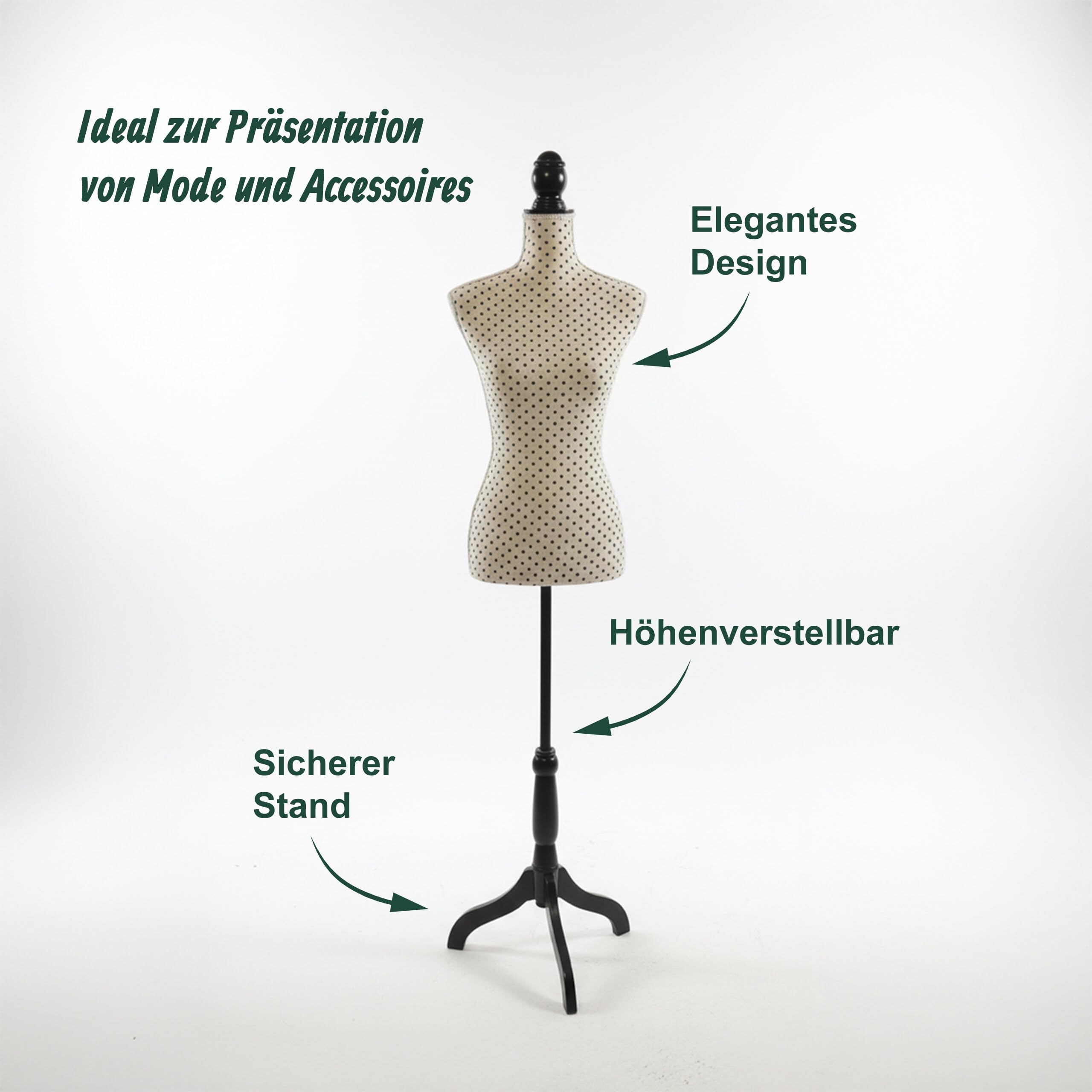 Relaxdays Schneiderpuppe, weiblich, Größe 36/38, verstellbar 130–167 cm, gepunktet, Holzständer, Nähpuppe, beige/schwarz