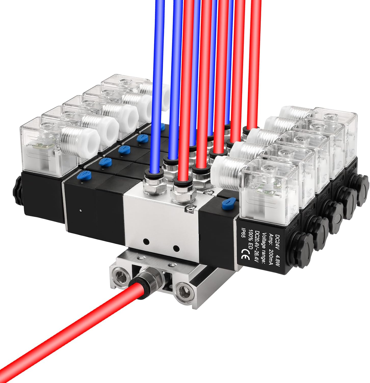 Heschen Electrical Pneumatic 5 Solenoid Valve, 4V230C-08, 24VDC, PT1/4, 5 Way 3 Position, Manifold Base, Muffler, Quick Fittings Set, CE