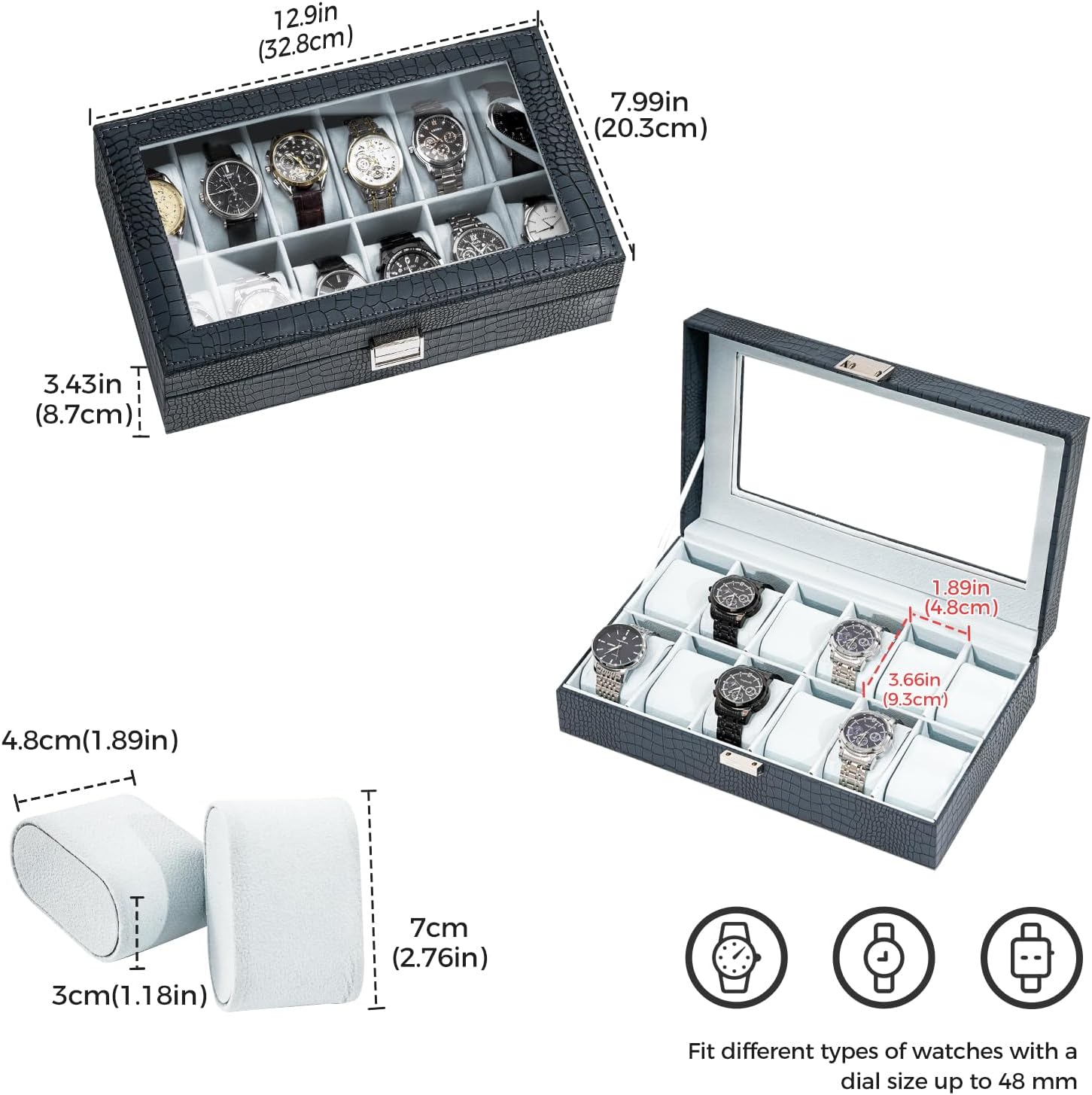 ProCase Watch Box Organizer, 12 Slot Watch Display Case With Glass Lid, Watch Storage Holder Mens Watch Case, Anniversary Birthday Valentine Gifts for Men Women -12 Slot, CrocCobaltBlue