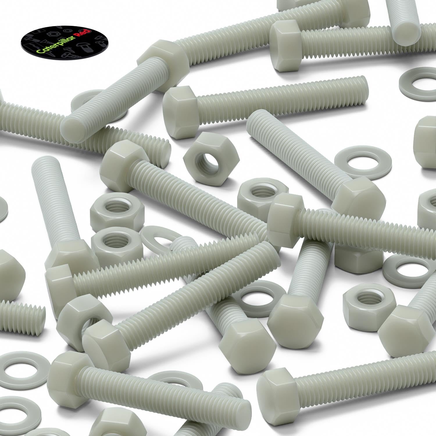 20x Viti a testa esagonale naturali in nylon PA66+GF M8 x 50 mm + dadi | Chiave o bussola afferrano la testa esagonale, che resta rialzata per svitarla in seguito.