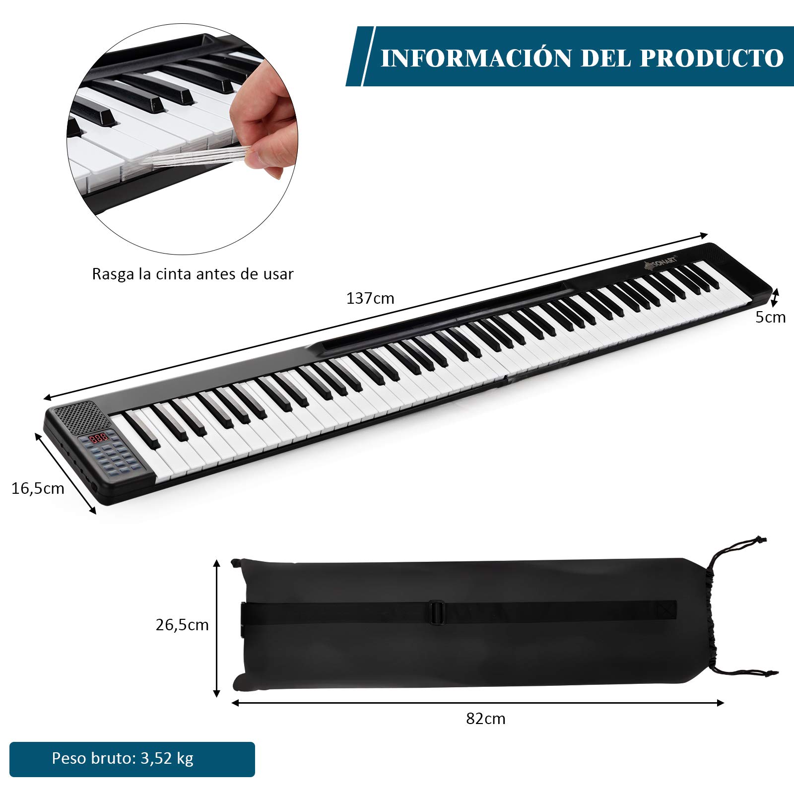 COSTWAY Teclado Eléctrico con 88 Teclas Teclado Digital 128 Ritmos / 128 Tonos/Bluetooth/Altavoces para Niños Principiantes