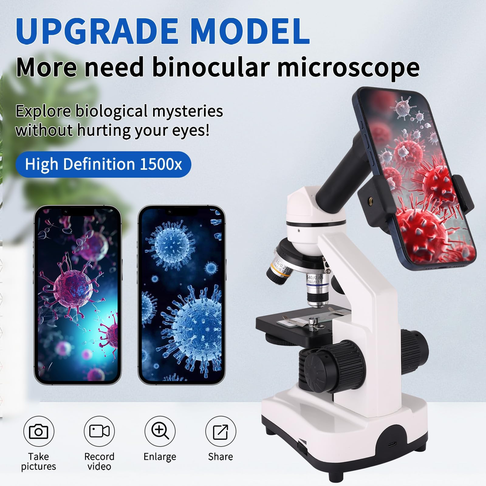 Herwicm Microscopio, microscopio 40X-2000X con adaptador de teléfono y juego de diapositivas, adecuado para estudiantes, laboratorio escolar y educación en el hogar (microscopio monocular)