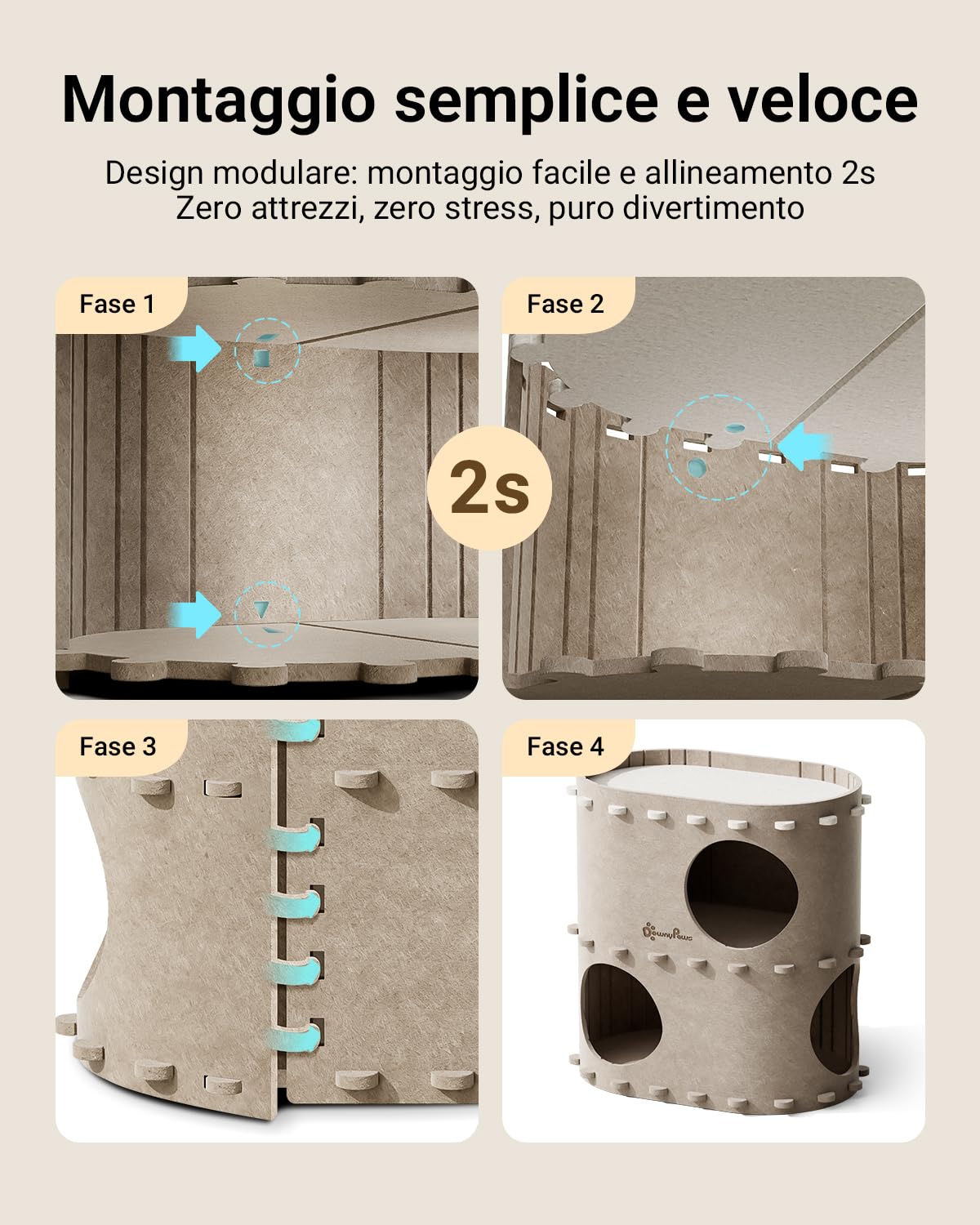 DownyPaws Cuccia per Gatti in Pelliccia, Letto a 2 Piani Casetta per Gatti 50x33x50 cm, Castello per Giocare, Design Accogliente, Protezione per le Unghie, Beige