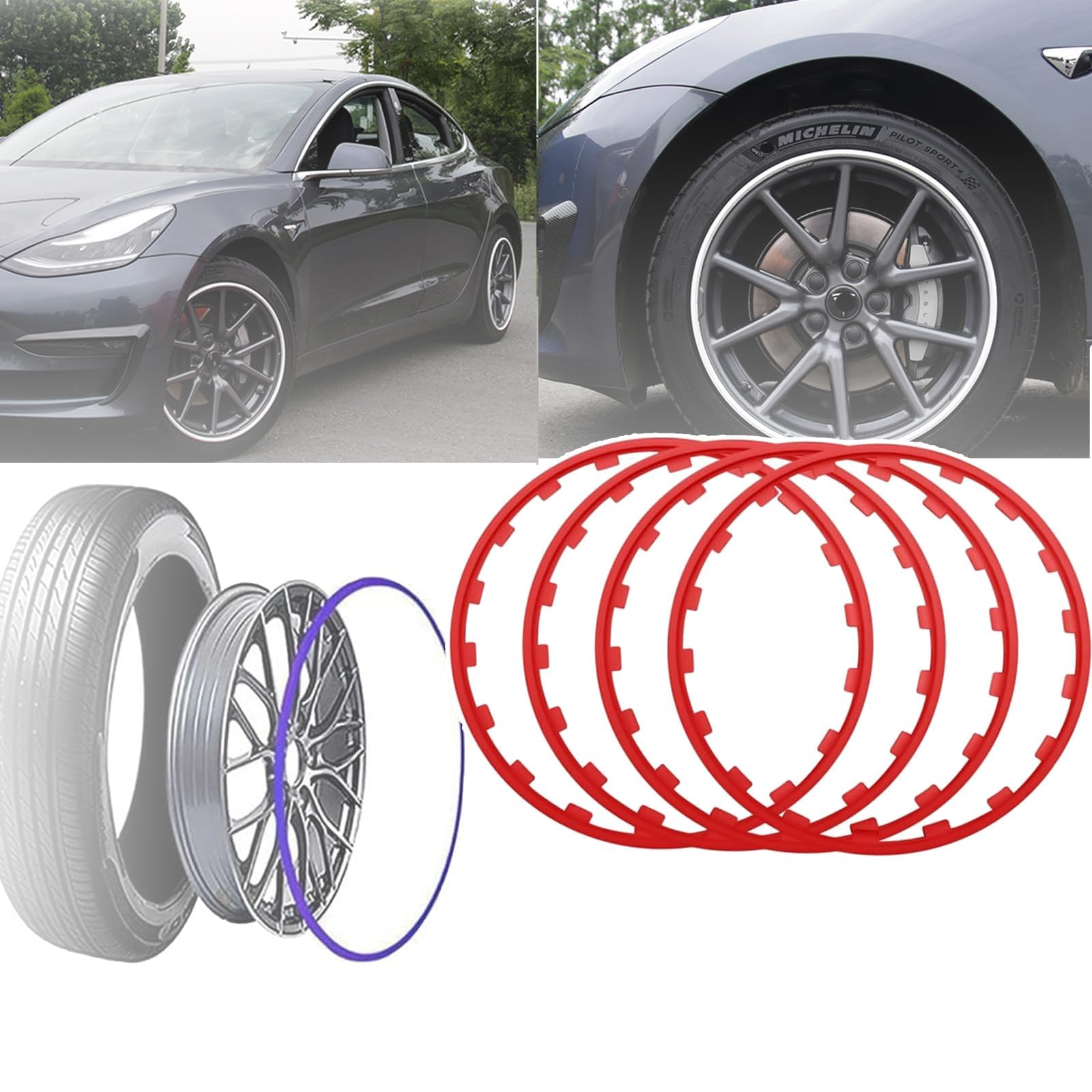 Felgenschutz Für Autoräder, 16-21 Zoll Felgenschutzring Für Autoräder, Reifenfelgenschutz, Alufelgenschutz, 4-teiliger Dekorstreifen Für Felgenschutz Für Autofahrzeuge,19in,Red
