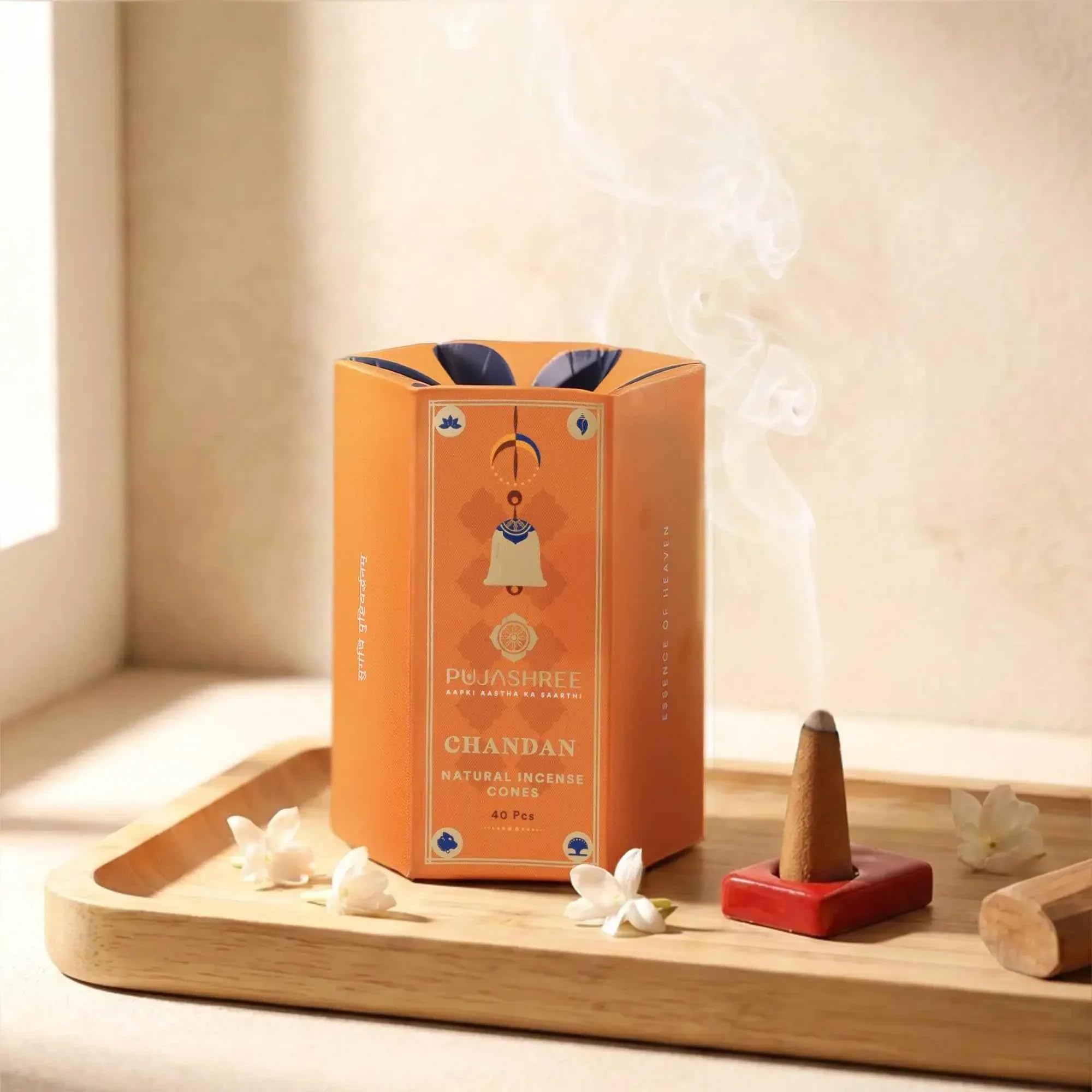 Pujashree Natural 100% Pure & Dry Dhoop Cones For Pooja - 40 Cones (Each 2 Inches Long) Dhoop Cone | Floral Incense Stick Home Freshness Incense Sticks Cones (Chandan)